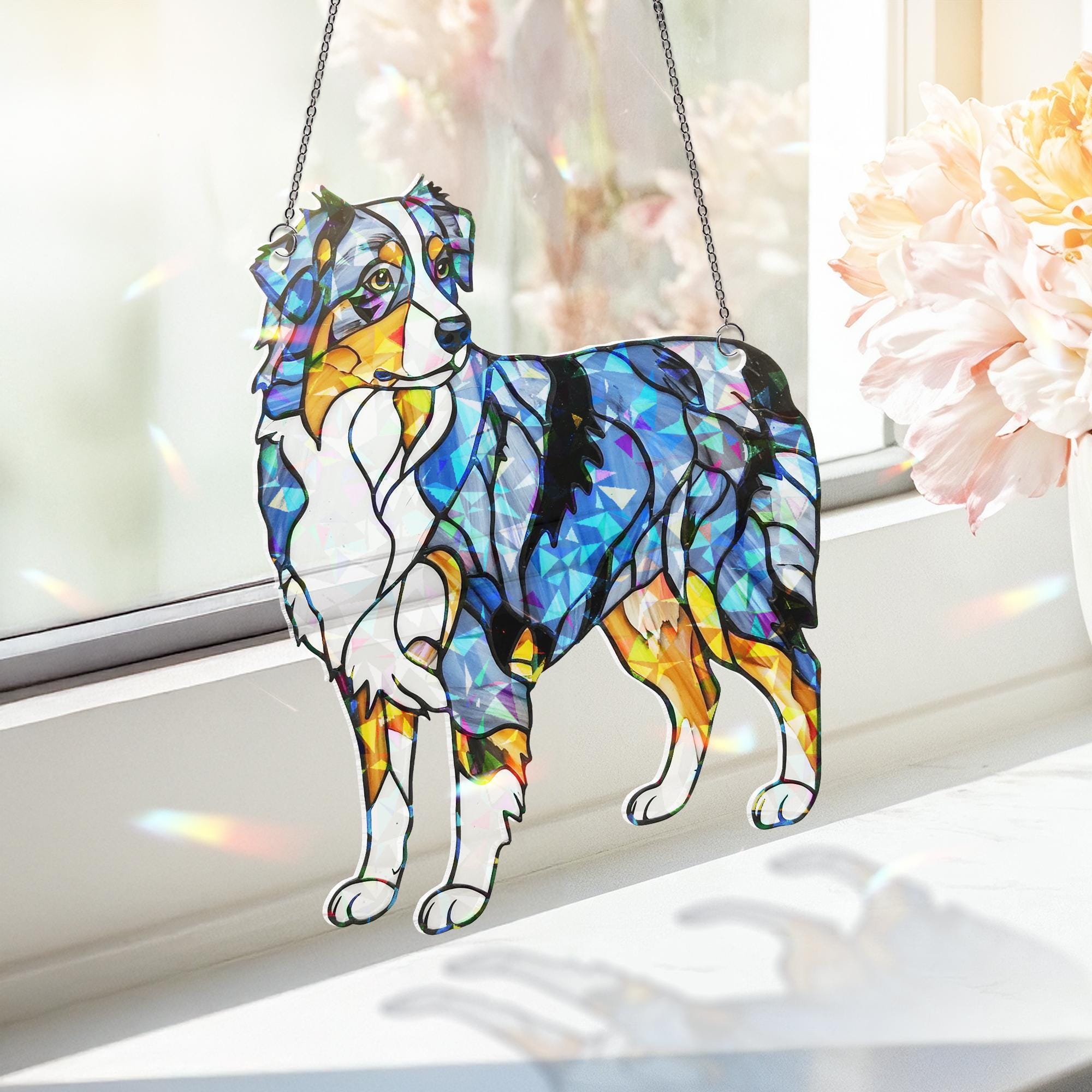 Australian Shepherd Holographic Acrylic Suncatcher Gift for Dog Lover Dad Mom Herder Owner Window Decor Rainbow Pet Memorial
