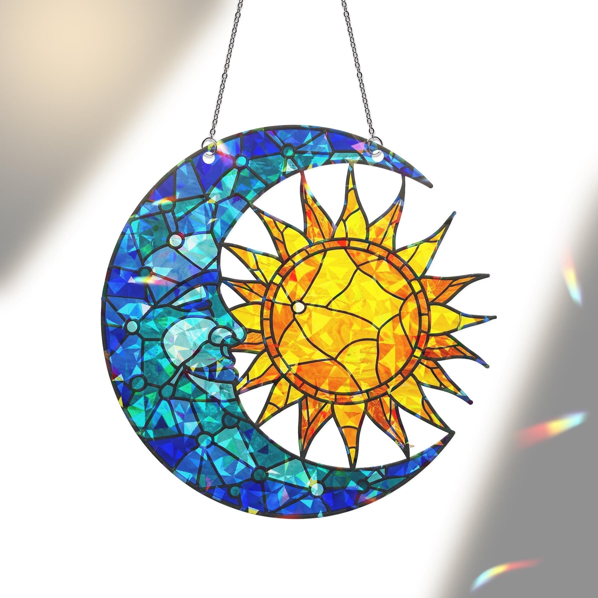 Celestial Sun and Moon Hologram Ornament | Mystical Window Hanging | Cosmic Sun Catcher, Boho Decor, Astrology Gift, Sun and Moon Home Decor