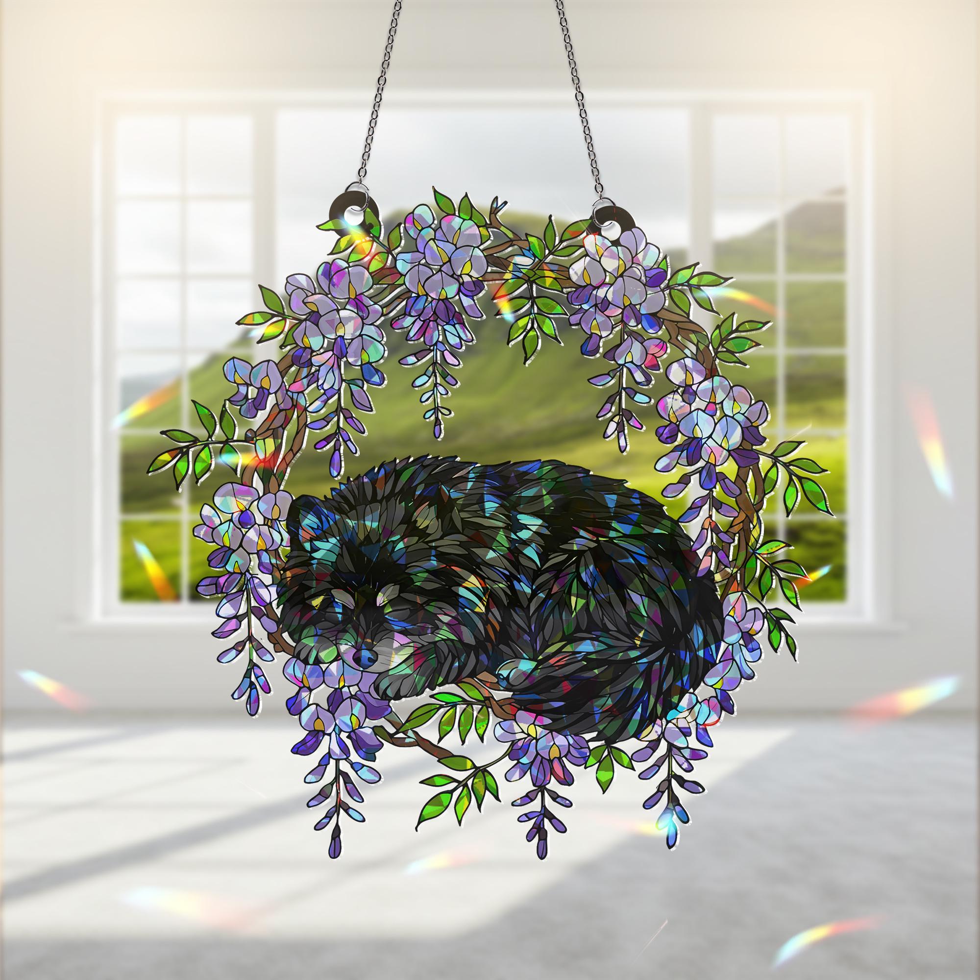 Black Pomeranian Acrylic Hologram Dog Window Hanging, Wisteria Floral Pet Memorial Gift, Rainbow Light Catcher Decor, Pomeranian Lover Gift