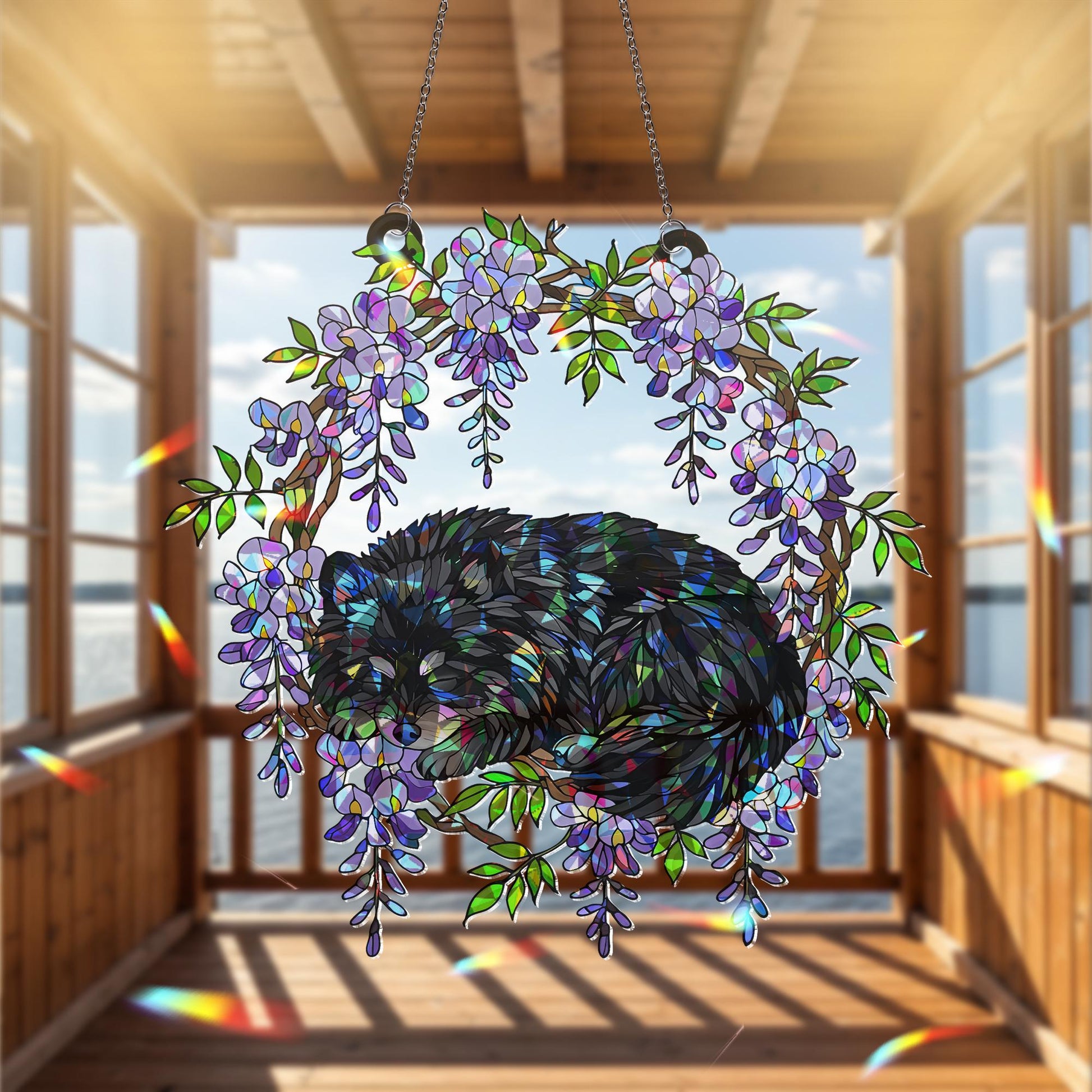 Black Pomeranian Acrylic Hologram Dog Window Hanging, Wisteria Floral Pet Memorial Gift, Rainbow Light Catcher Decor, Pomeranian Lover Gift