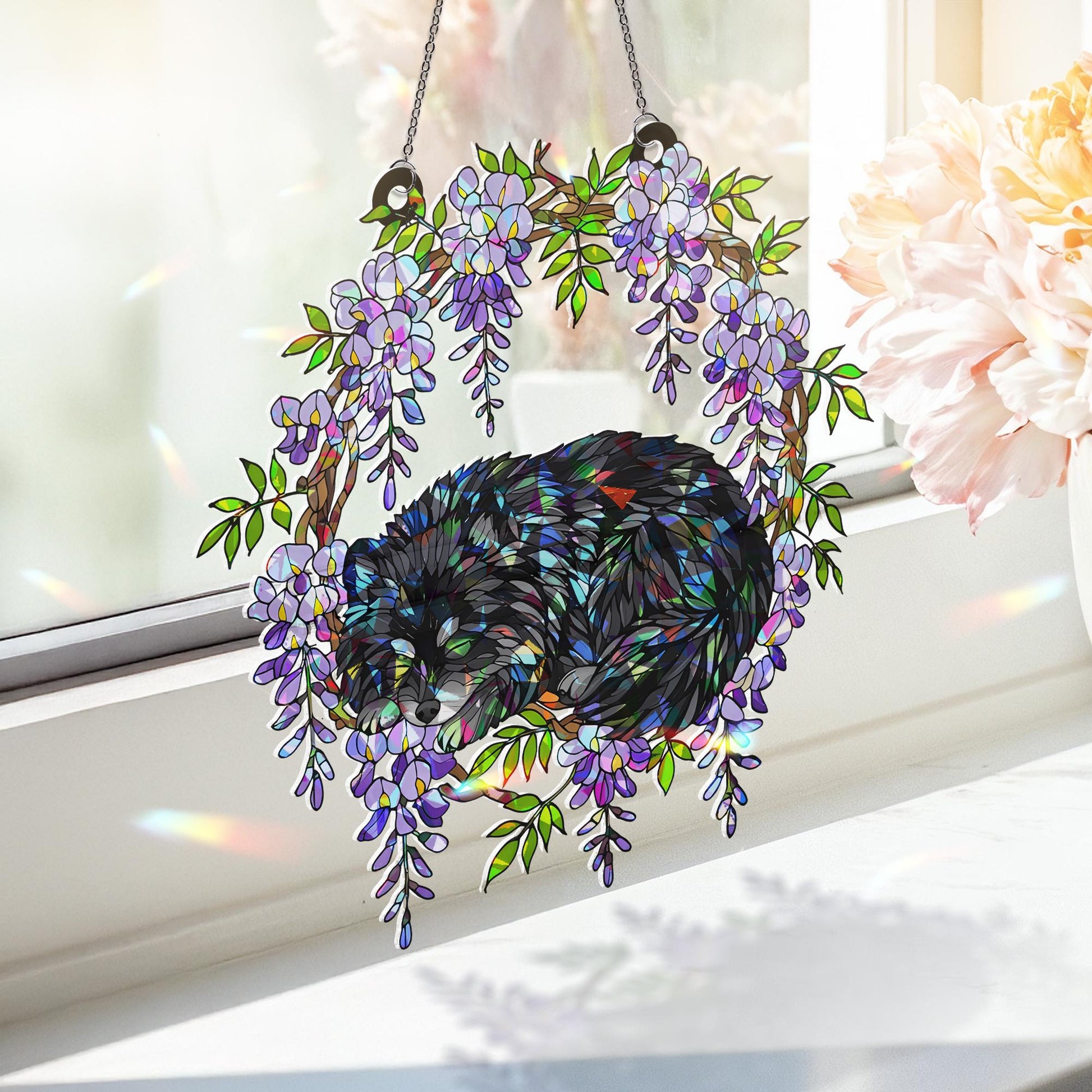 Black Pomeranian Acrylic Hologram Dog Window Hanging, Wisteria Floral Pet Memorial Gift, Rainbow Light Catcher Decor, Pomeranian Lover Gift