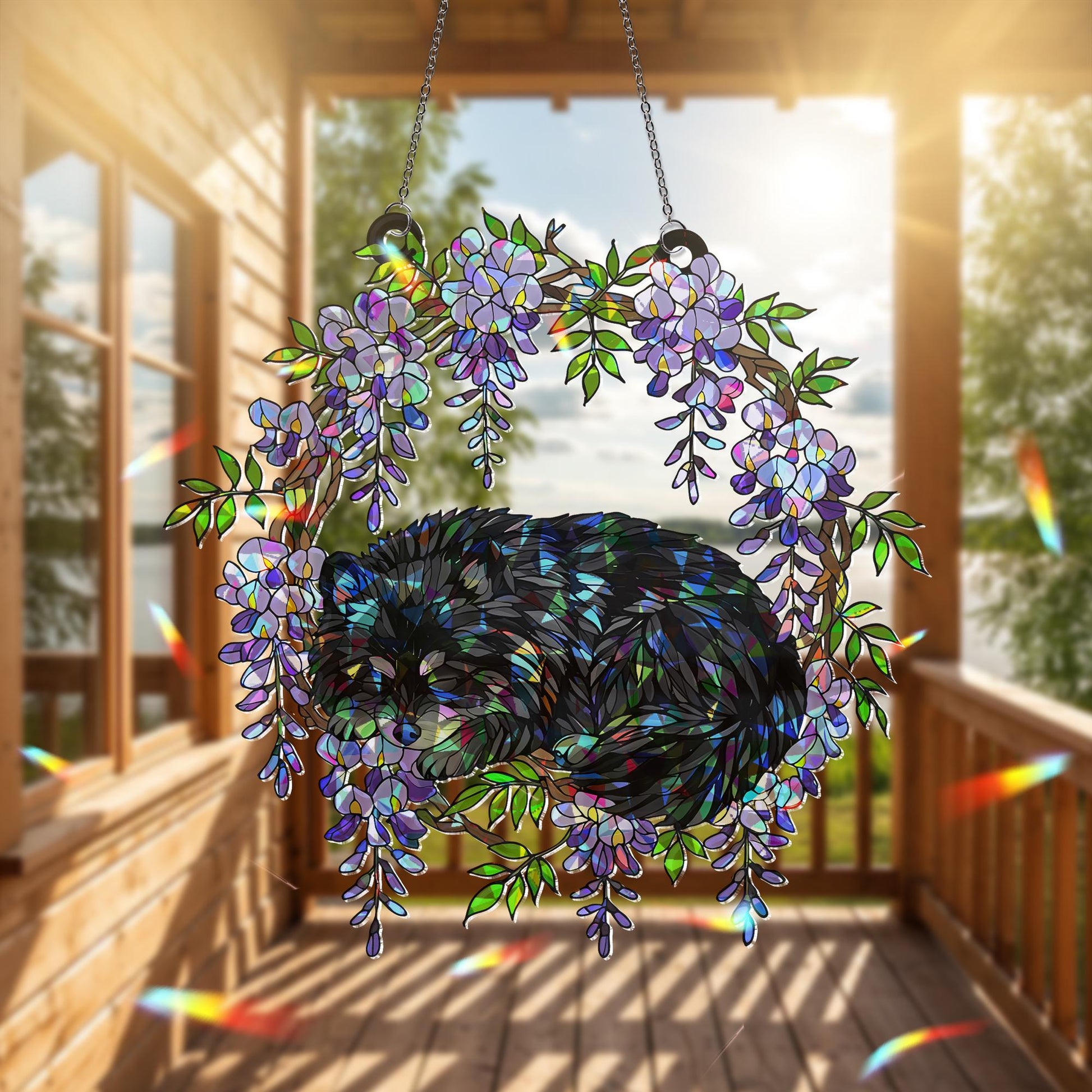Black Pomeranian Acrylic Hologram Dog Window Hanging, Wisteria Floral Pet Memorial Gift, Rainbow Light Catcher Decor, Pomeranian Lover Gift