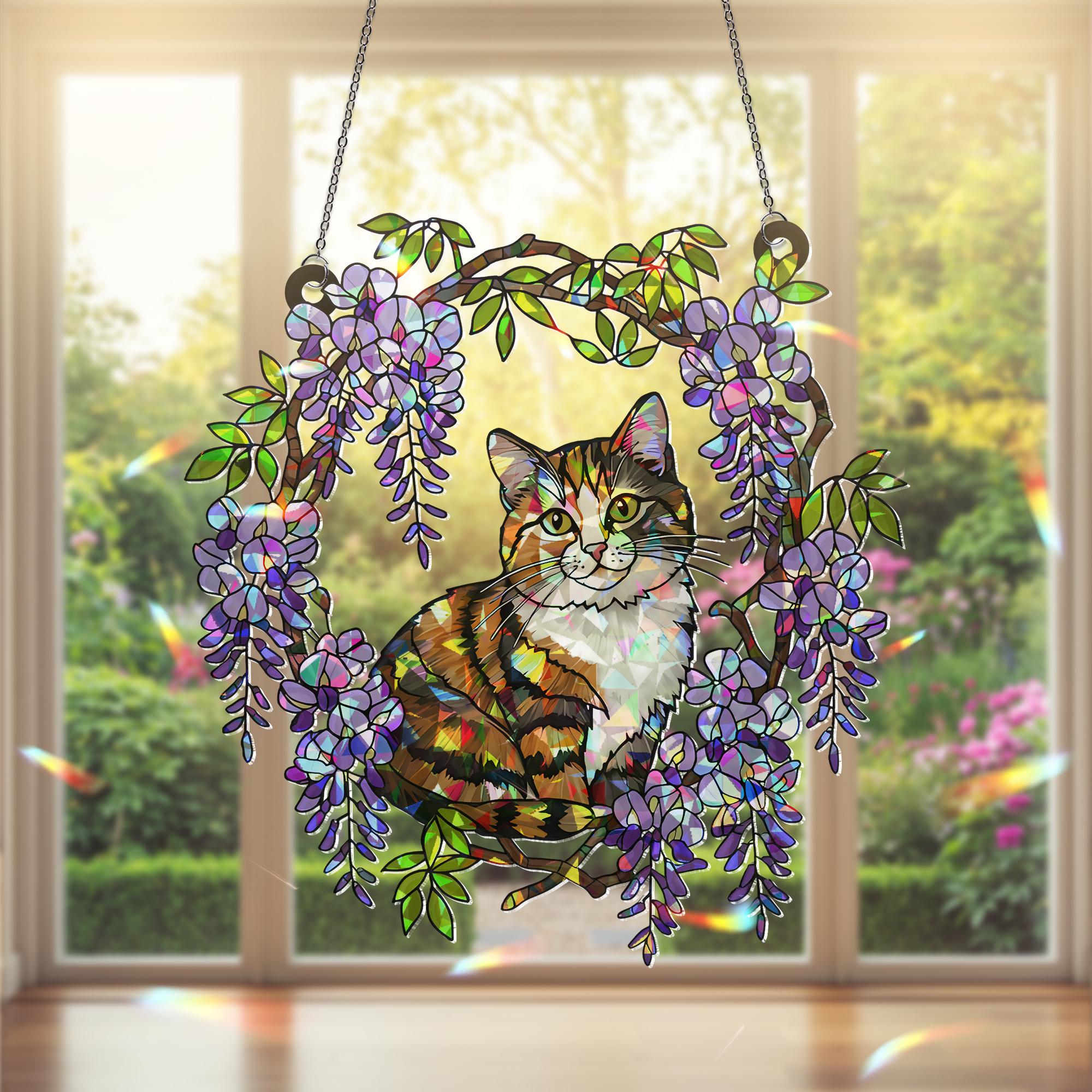 Calico Cat  Acrylic Hologram Window Hanging, Floral Rainbow Catcher, Cat Lover Gift, Pet Memorial Sunlight Decor, Cat Mom Gift