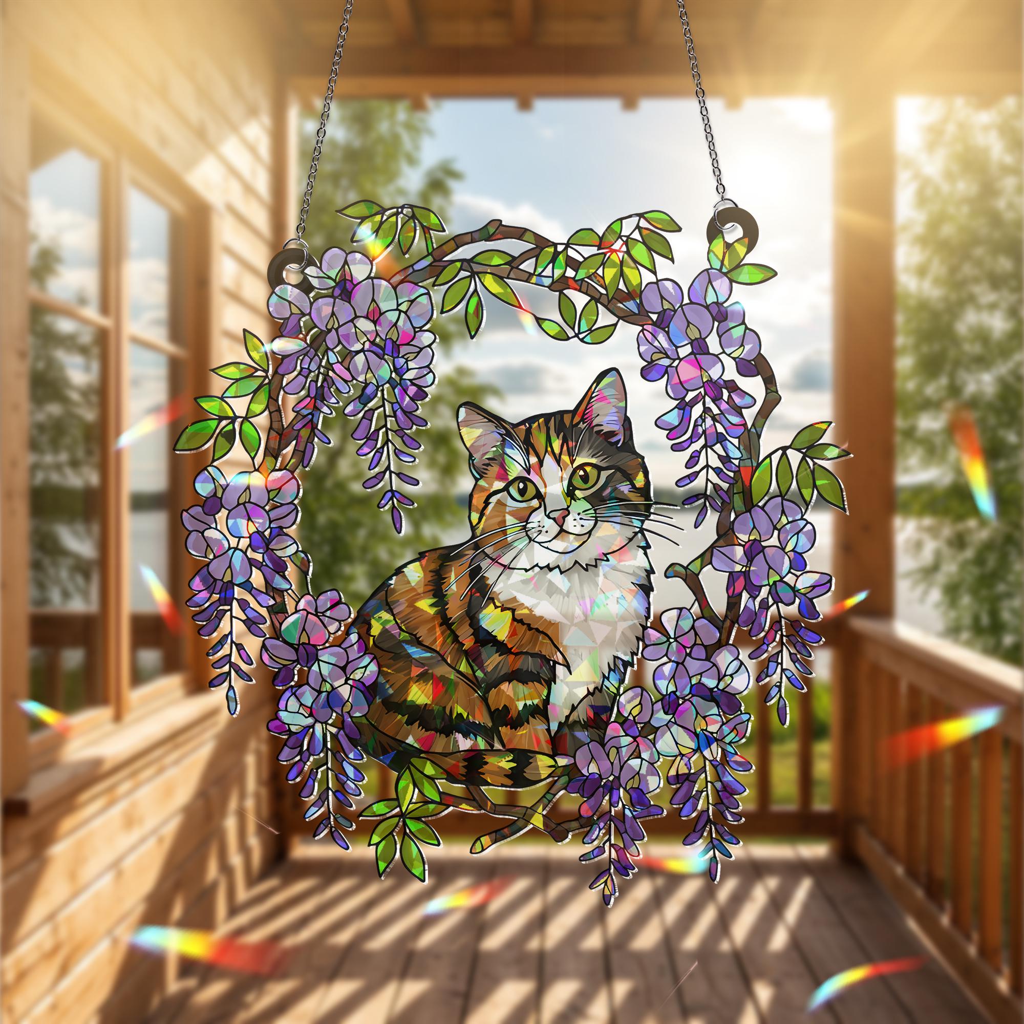Calico Cat  Acrylic Hologram Window Hanging, Floral Rainbow Catcher, Cat Lover Gift, Pet Memorial Sunlight Decor, Cat Mom Gift