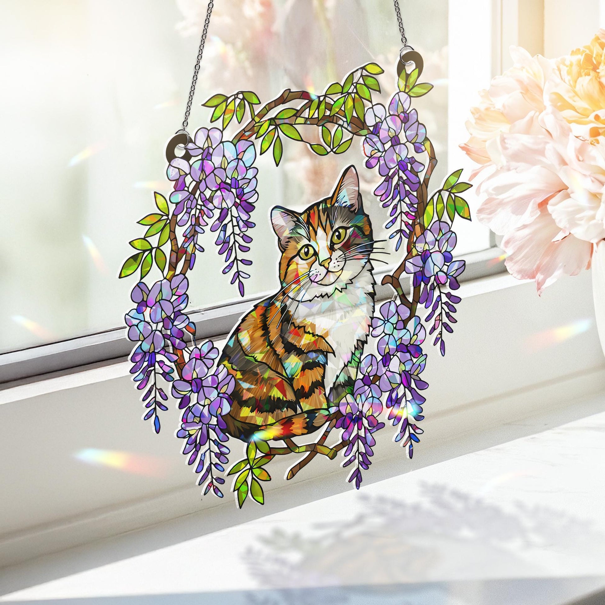 Calico Cat  Acrylic Hologram Window Hanging, Floral Rainbow Catcher, Cat Lover Gift, Pet Memorial Sunlight Decor, Cat Mom Gift