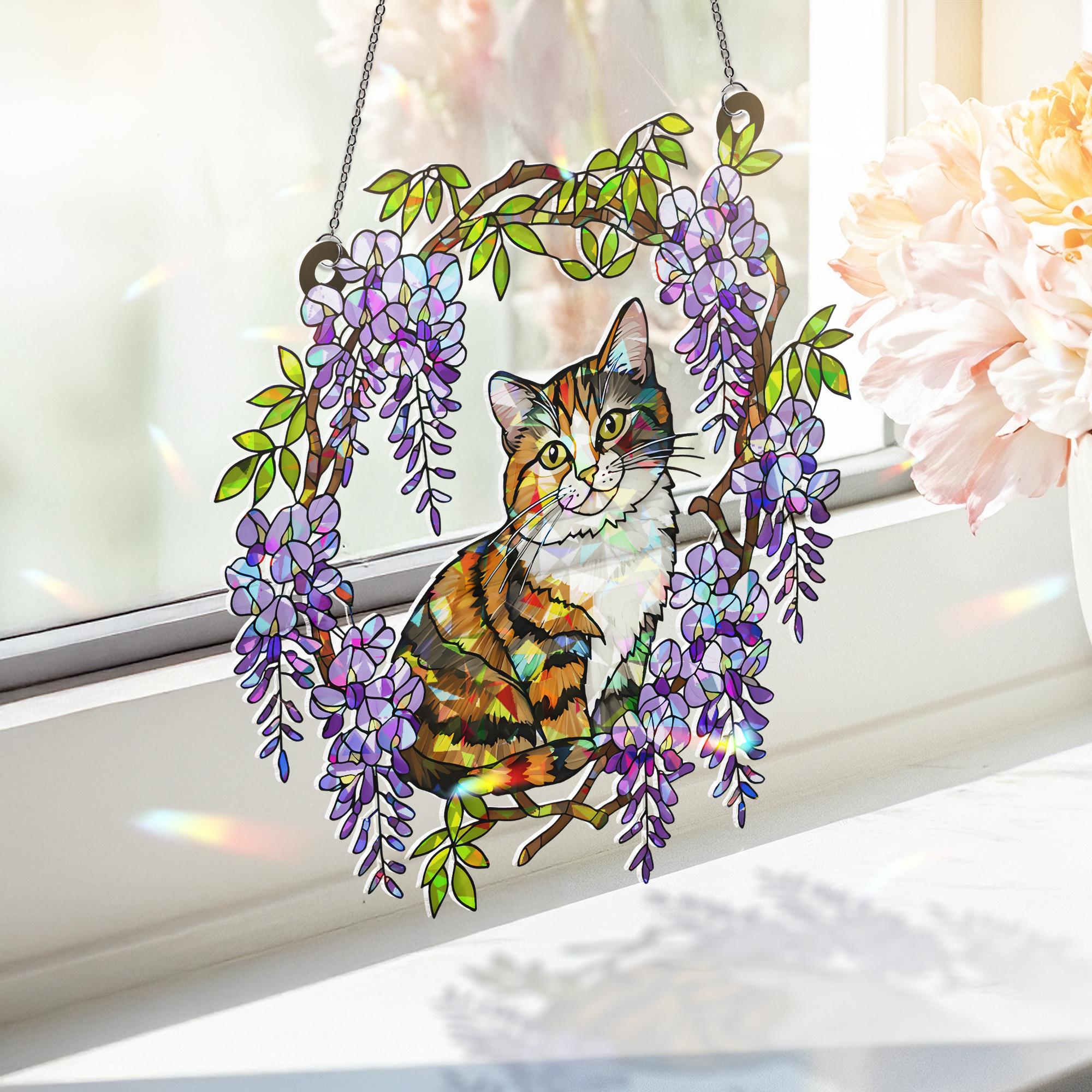 Calico Cat  Acrylic Hologram Window Hanging, Floral Rainbow Catcher, Cat Lover Gift, Pet Memorial Sunlight Decor, Cat Mom Gift