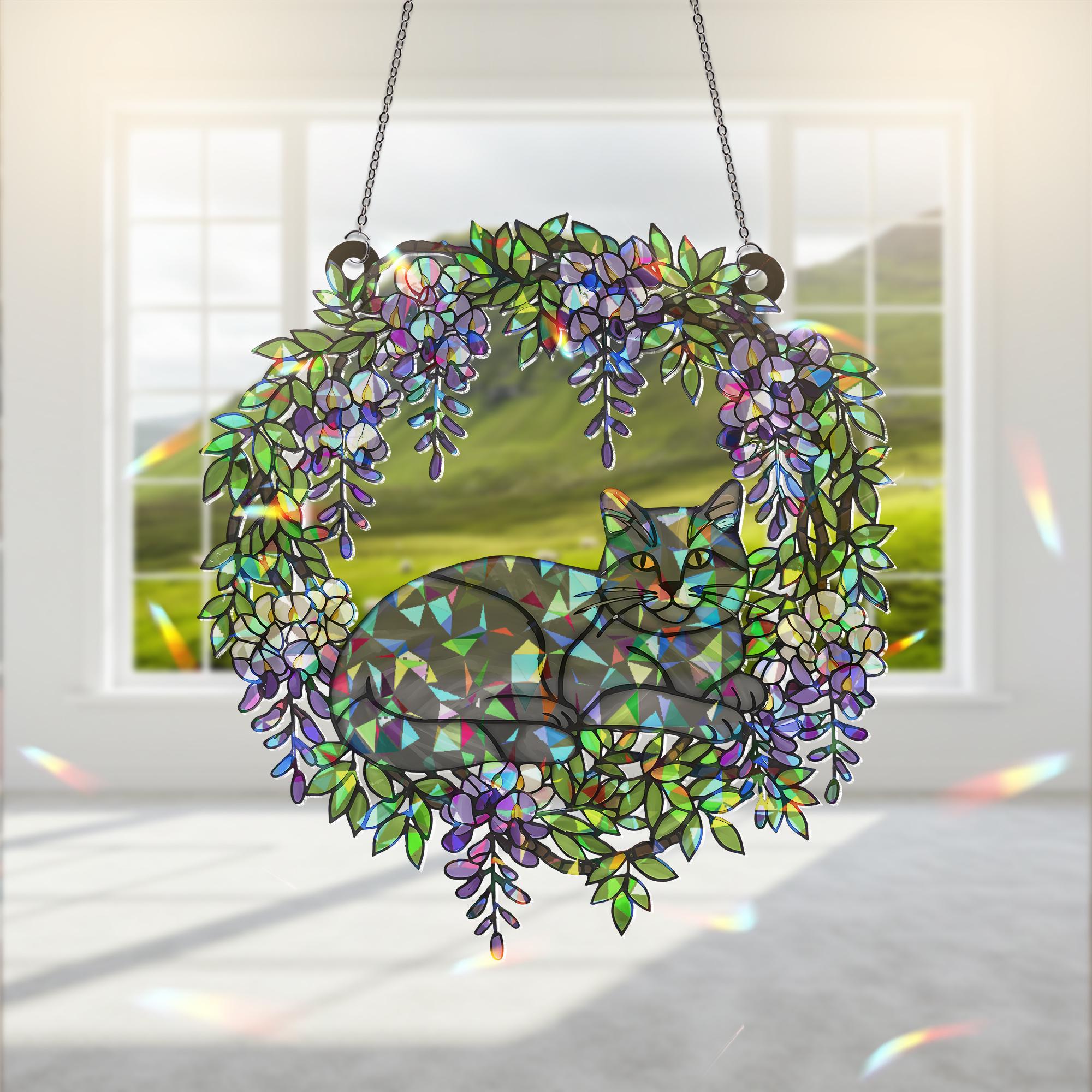 Grey Cat  Acrylic Hologram Window Hanging, Floral Rainbow Catcher, Cat Memorial Gift, Pet Lover Sunlight Decor, Grey Cat Lover Gift