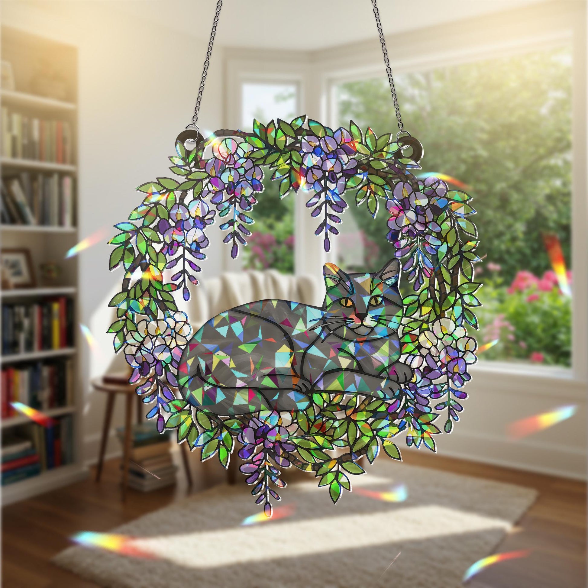 Grey Cat  Acrylic Hologram Window Hanging, Floral Rainbow Catcher, Cat Memorial Gift, Pet Lover Sunlight Decor, Grey Cat Lover Gift