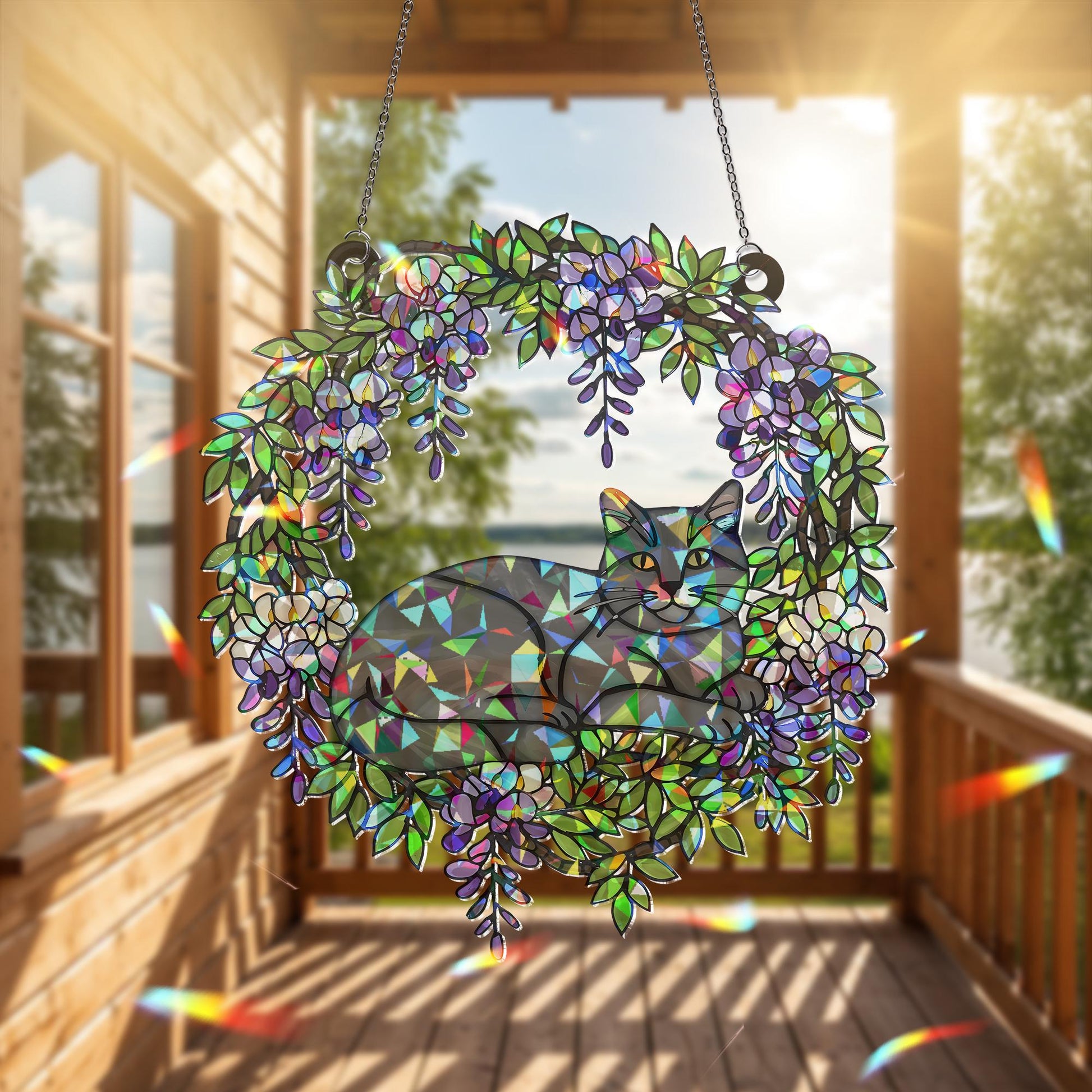 Grey Cat  Acrylic Hologram Window Hanging, Floral Rainbow Catcher, Cat Memorial Gift, Pet Lover Sunlight Decor, Grey Cat Lover Gift