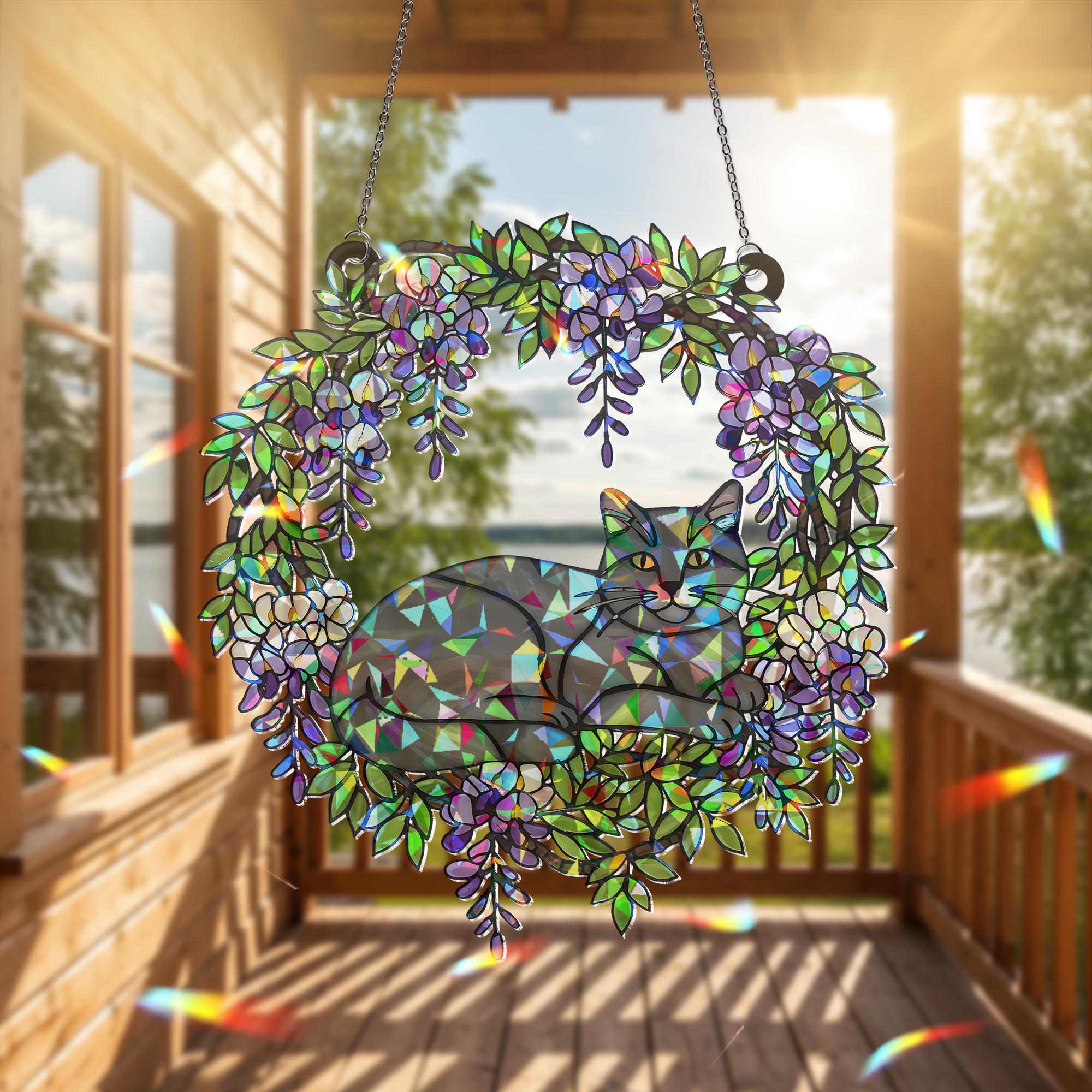 Grey Cat  Acrylic Hologram Window Hanging, Floral Rainbow Catcher, Cat Memorial Gift, Pet Lover Sunlight Decor, Grey Cat Lover Gift