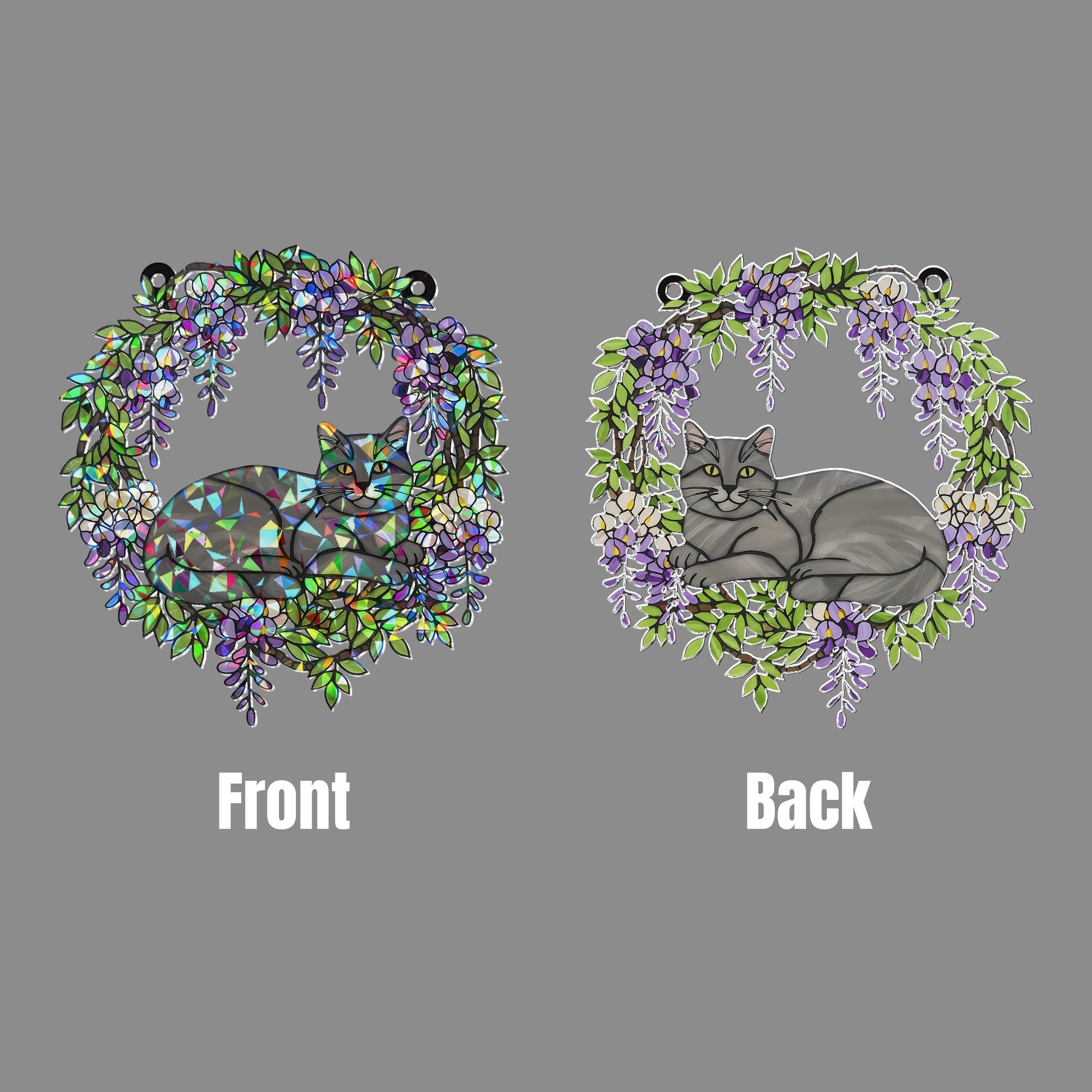 Grey Cat  Acrylic Hologram Window Hanging, Floral Rainbow Catcher, Cat Memorial Gift, Pet Lover Sunlight Decor, Grey Cat Lover Gift