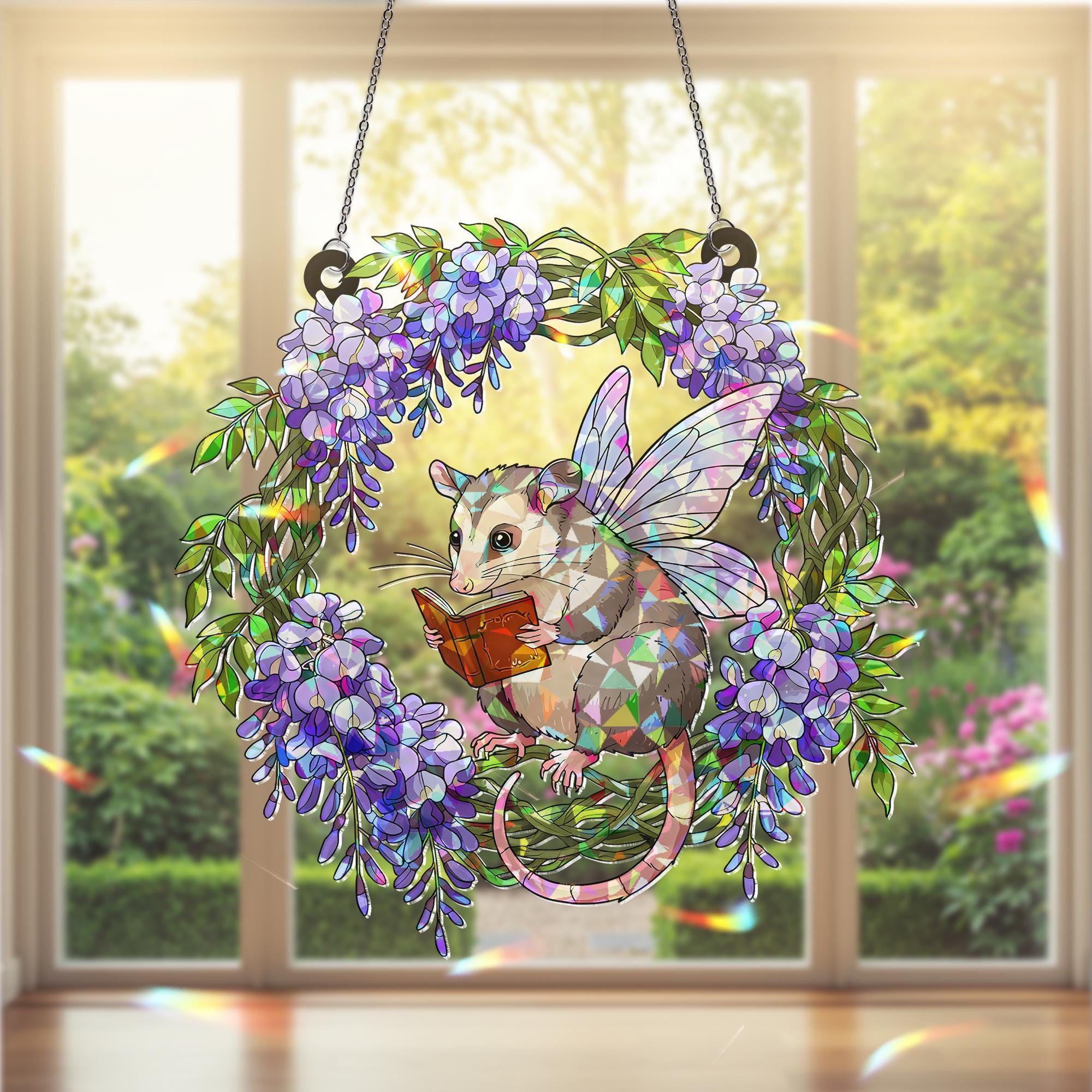 Reading Possum  Acrylic Hologram Window Hanging, Cute Fairy Animal Decor, Book Lover Gift, Possum Sunlight Ornament, Possum Lover Decor
