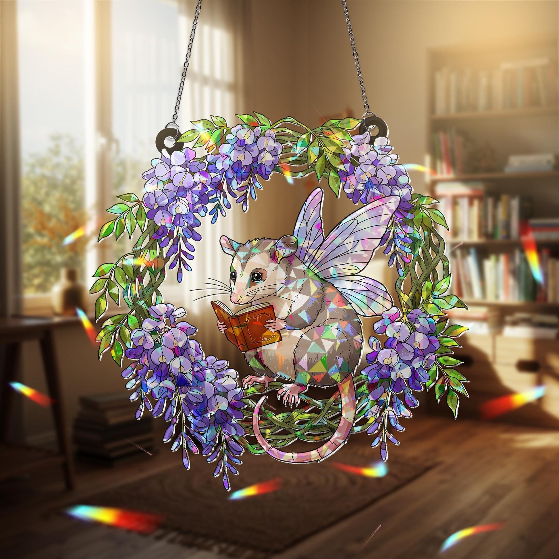 Reading Possum  Acrylic Hologram Window Hanging, Cute Fairy Animal Decor, Book Lover Gift, Possum Sunlight Ornament, Possum Lover Decor