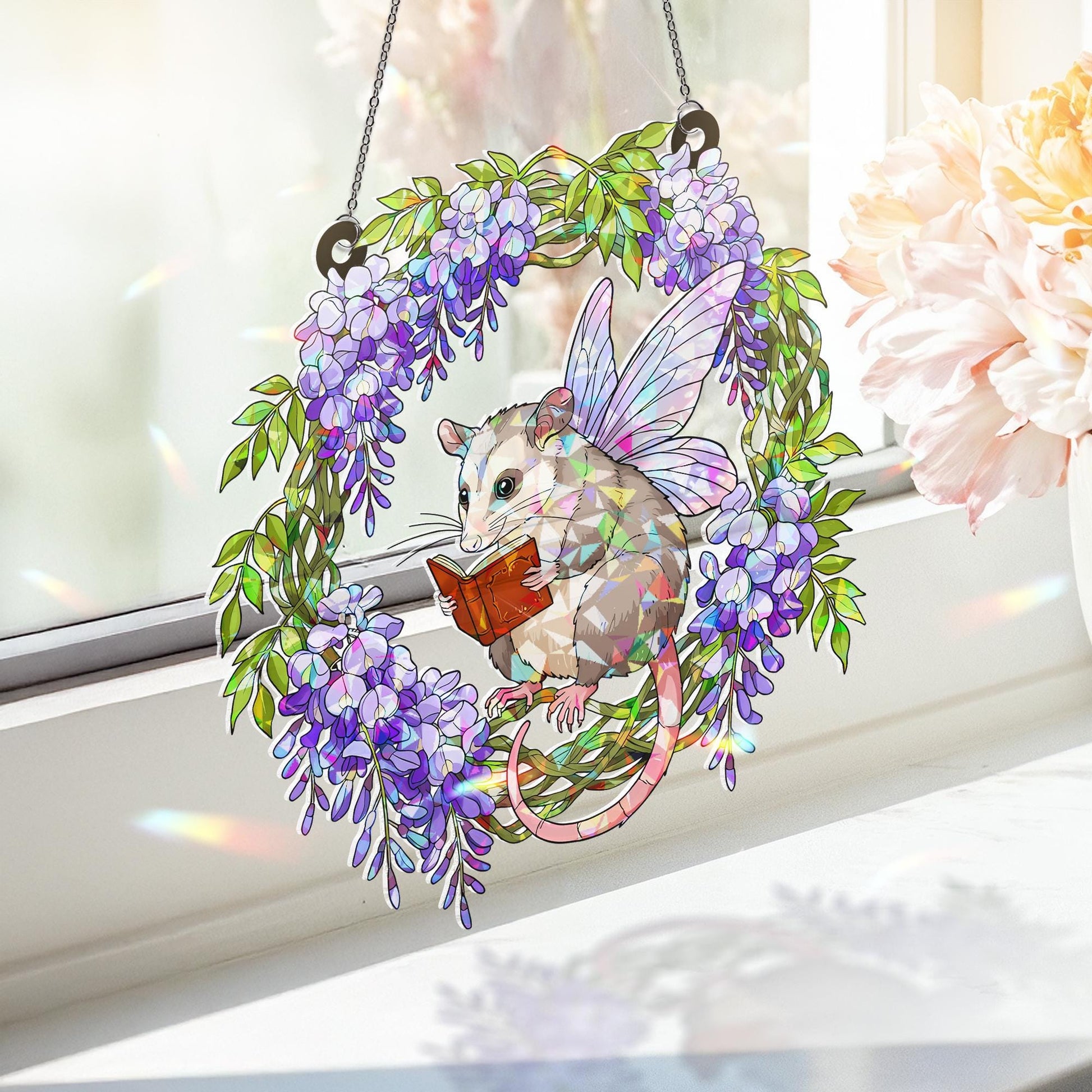 Reading Possum  Acrylic Hologram Window Hanging, Cute Fairy Animal Decor, Book Lover Gift, Possum Sunlight Ornament, Possum Lover Decor