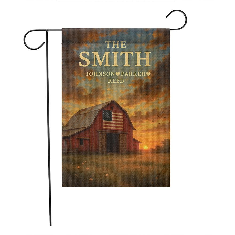 Custom Family Name Barn Flag with American Flag – 4th of July Garden Decor, Personalized Patriotic Farmhouse Outdoor Banner
