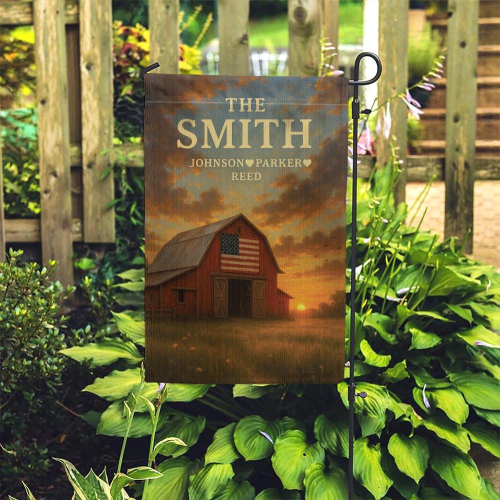 Custom Family Name Barn Flag with American Flag – 4th of July Garden Decor, Personalized Patriotic Farmhouse Outdoor Banner
