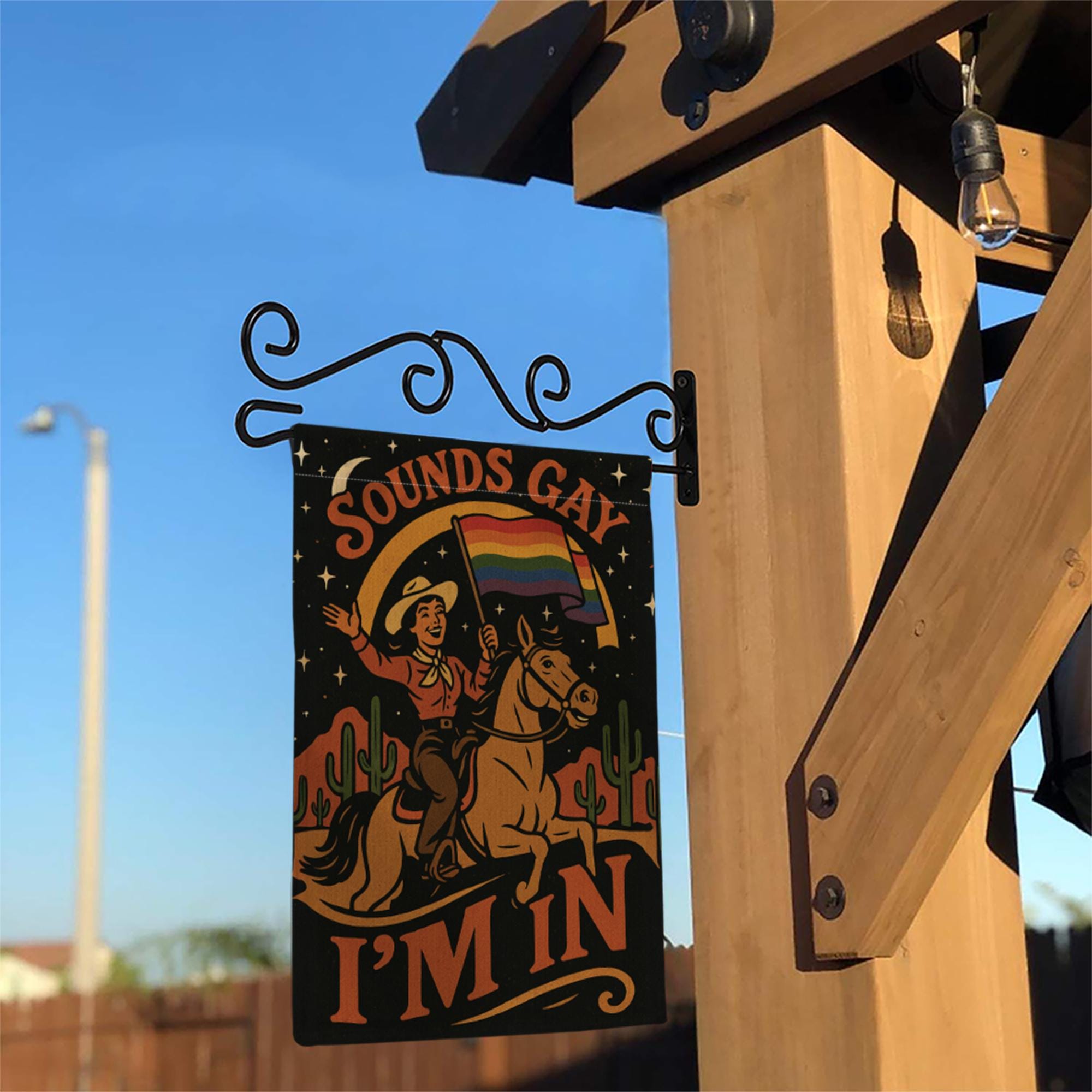 Sounds Gay I'm In Garden Flag – Funny LGBTQ Pride Yard Decor, Retro Cowboy Rainbow Flag, Inclusive Outdoor Sign for Queer Pride