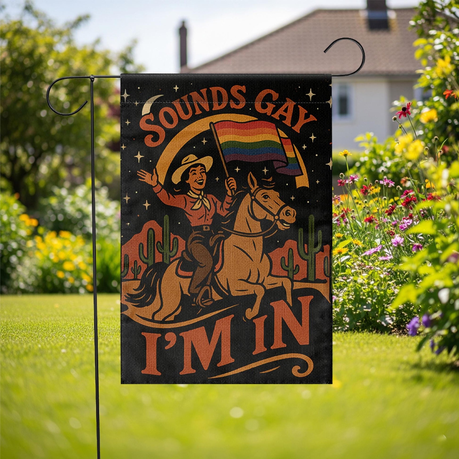 Sounds Gay I'm In Garden Flag – Funny LGBTQ Pride Yard Decor, Retro Cowboy Rainbow Flag, Inclusive Outdoor Sign for Queer Pride