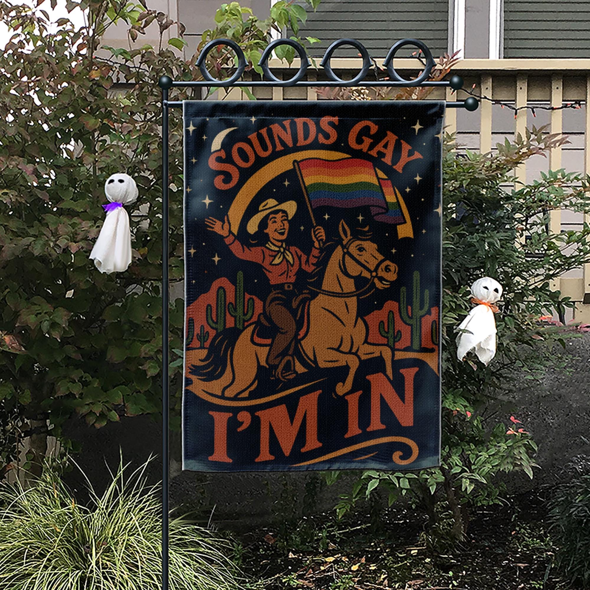Sounds Gay I'm In Garden Flag – Funny LGBTQ Pride Yard Decor, Retro Cowboy Rainbow Flag, Inclusive Outdoor Sign for Queer Pride