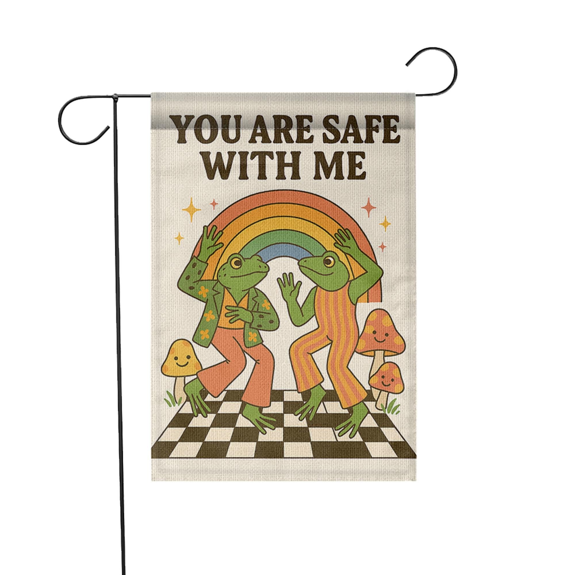 You Are Safe With Me Garden Flag – Cute LGBT Pride Frog Decor, Rainbow Queer Outdoor Sign, Affirming Safe Space Yard Banner