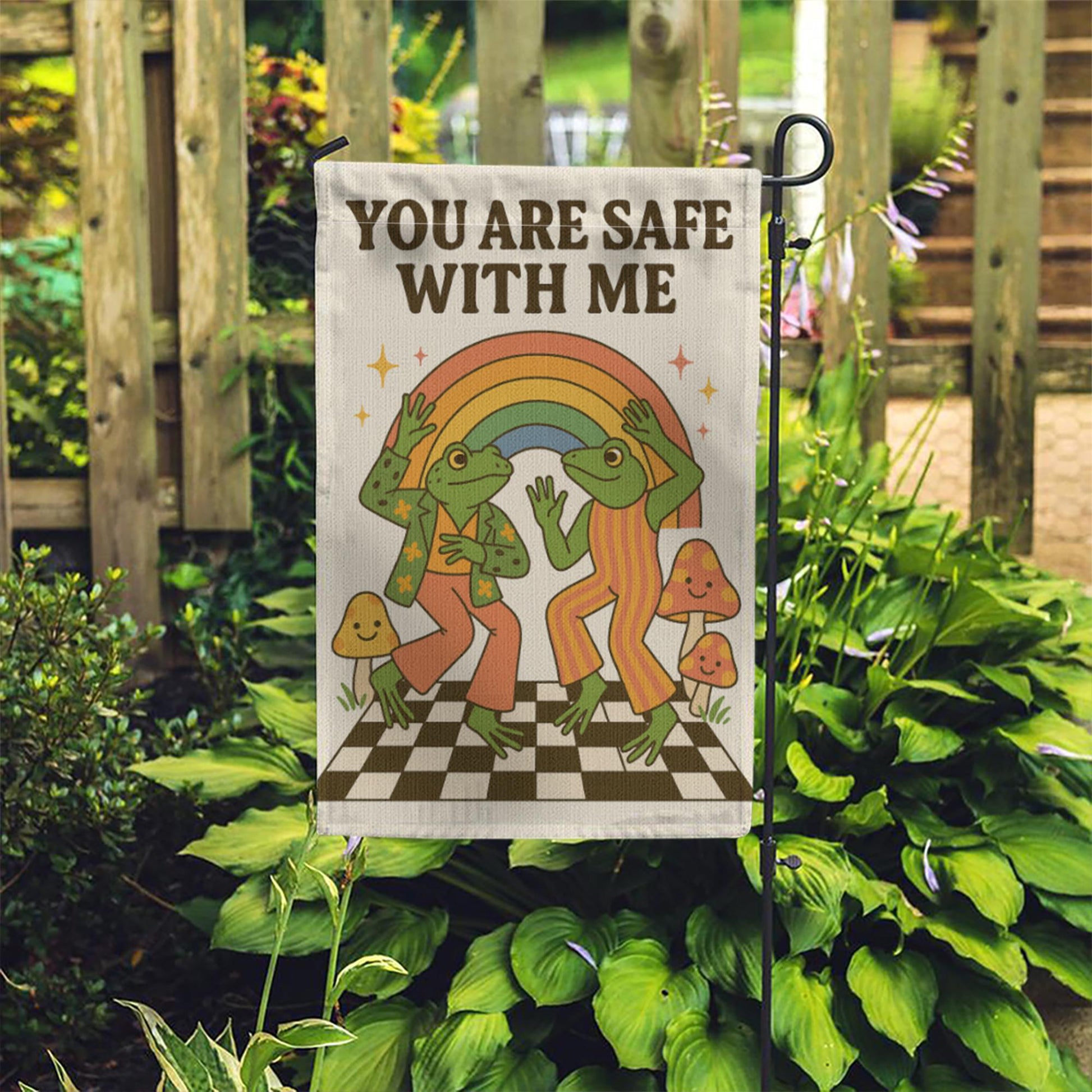 You Are Safe With Me Garden Flag – Cute LGBT Pride Frog Decor, Rainbow Queer Outdoor Sign, Affirming Safe Space Yard Banner
