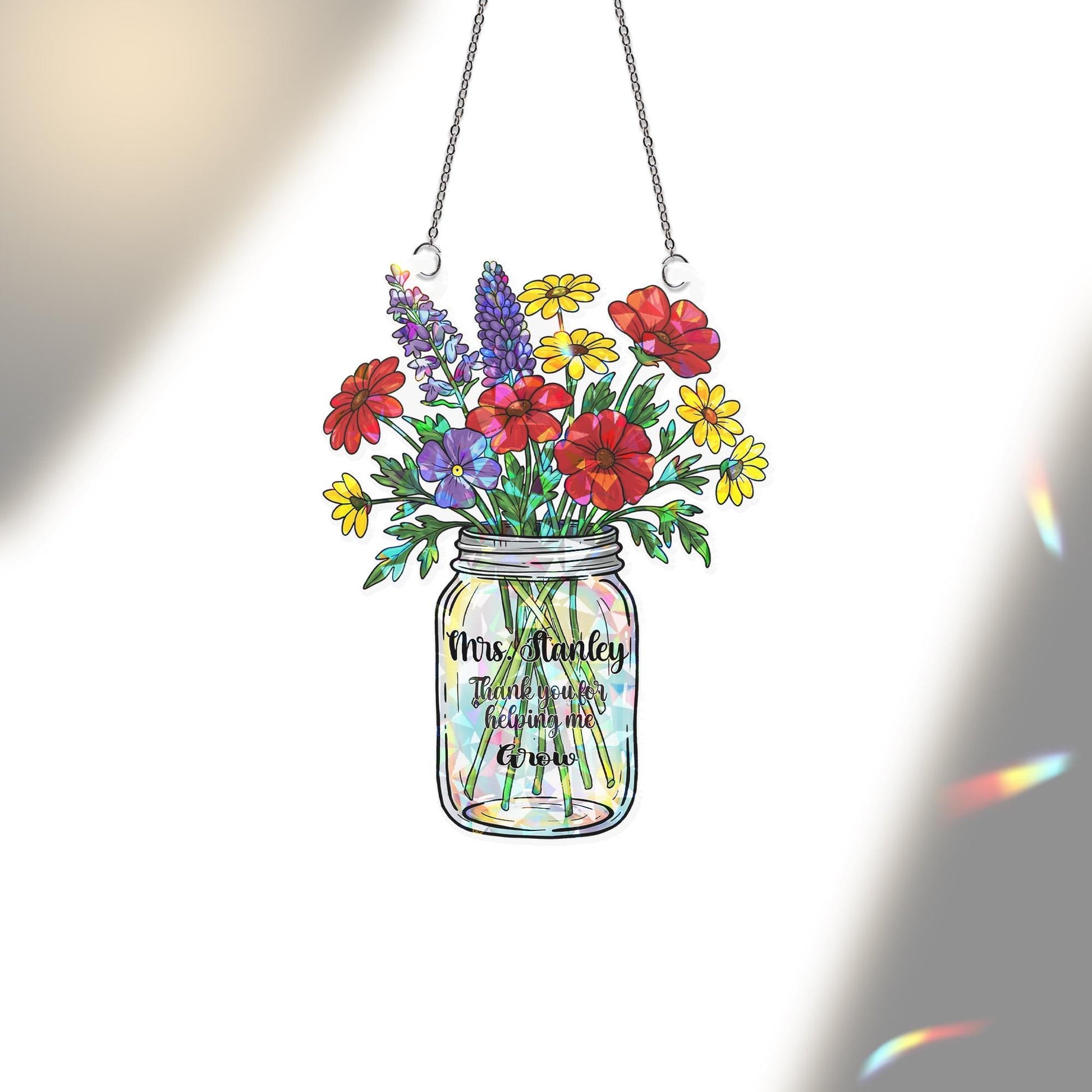 Custom Teacher Suncatcher – Personalized Acrylic Flower Sun Catcher, Thank You Gift, Holographic Hanging Decor, teacher appreciation gift