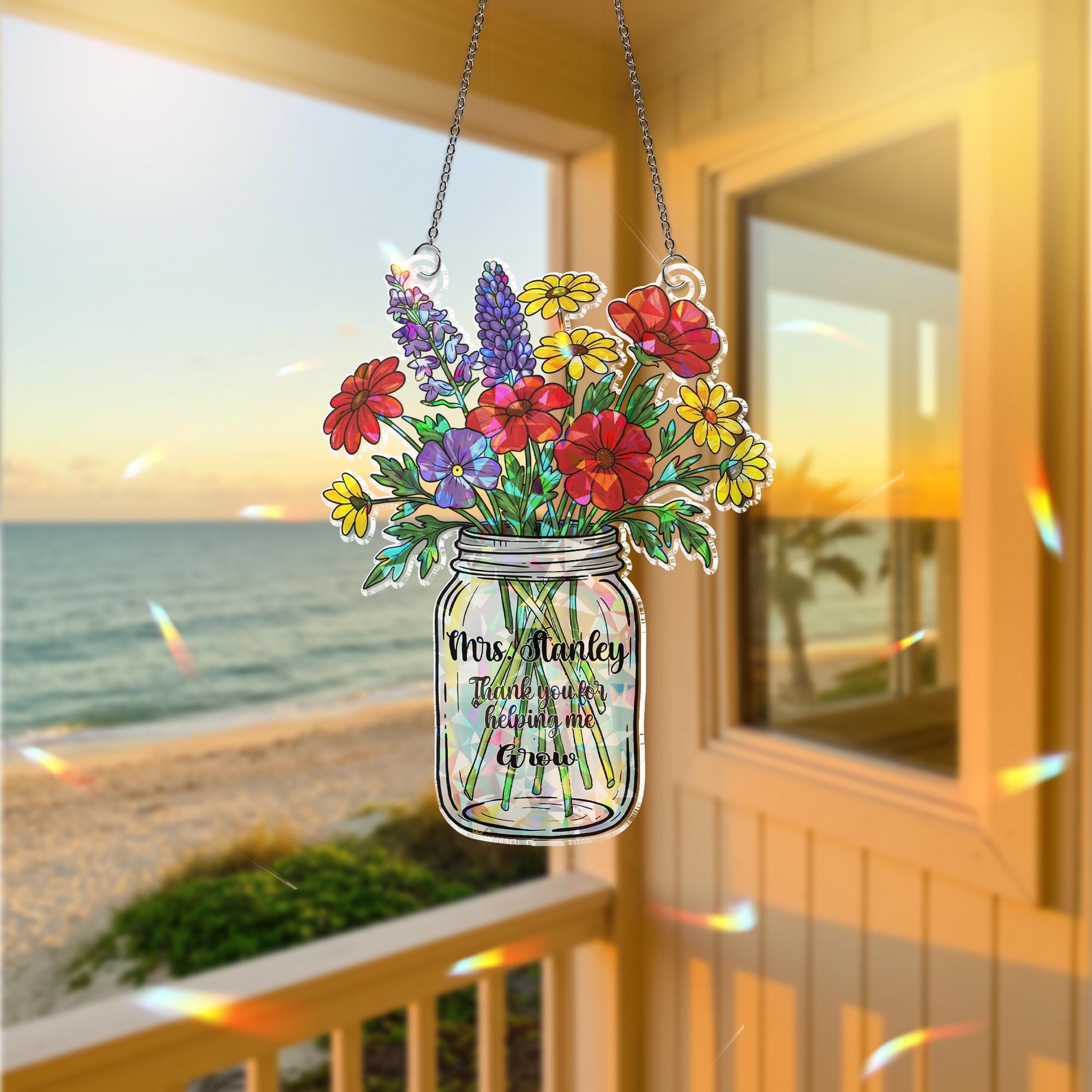 Custom Teacher Suncatcher – Personalized Acrylic Flower Sun Catcher, Thank You Gift, Holographic Hanging Decor, teacher appreciation gift