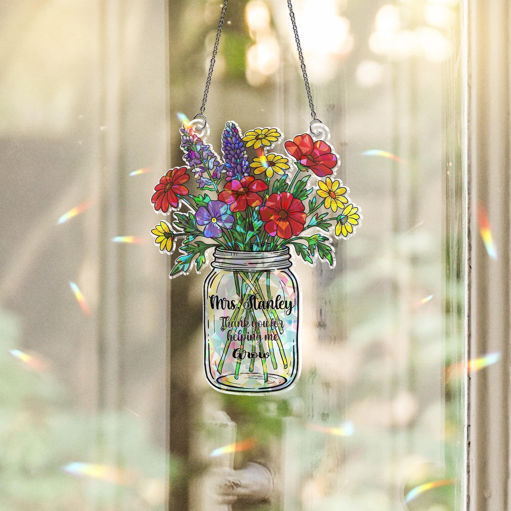 Custom Teacher Suncatcher – Personalized Acrylic Flower Sun Catcher, Thank You Gift, Holographic Hanging Decor, teacher appreciation gift