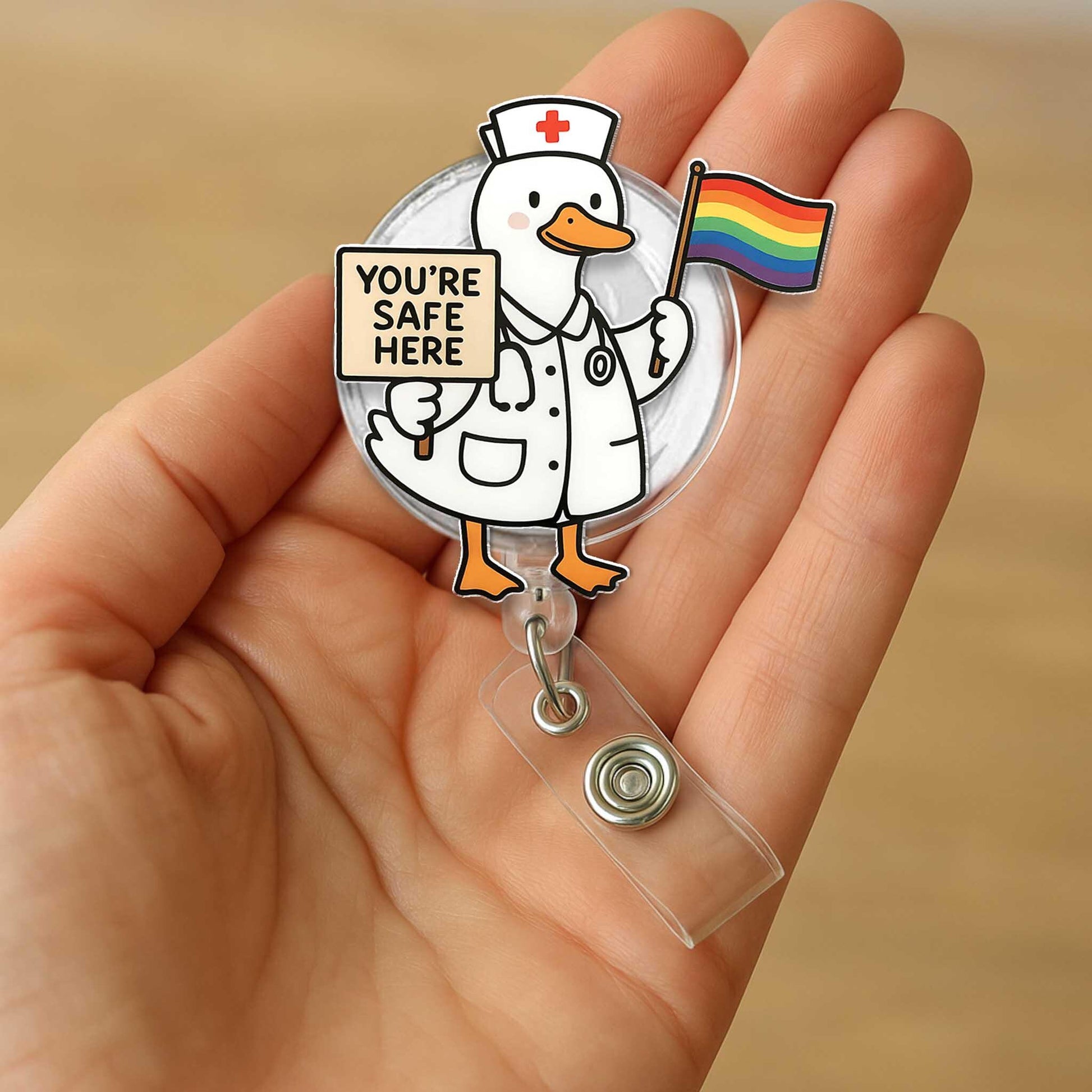 You're Safe Here Pride Nurse Duck Badge Reel – LGBTQ+ Safe Space ID Holder for Nurses, Healthcare Staff, Cute Inclusive Retractable Clip