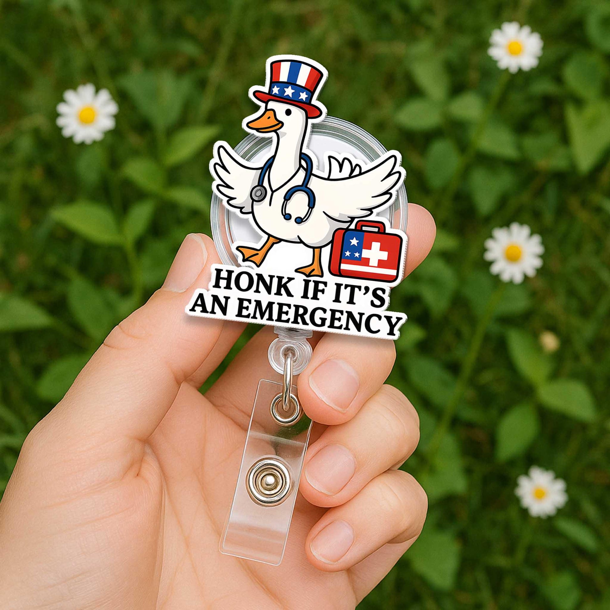 Patriotic Nurse Goose Badge Reel – Funny 4th of July Medical ID Holder, Emergency Honk Clip, Cute Retractable Name Tag for Healthcare Worker
