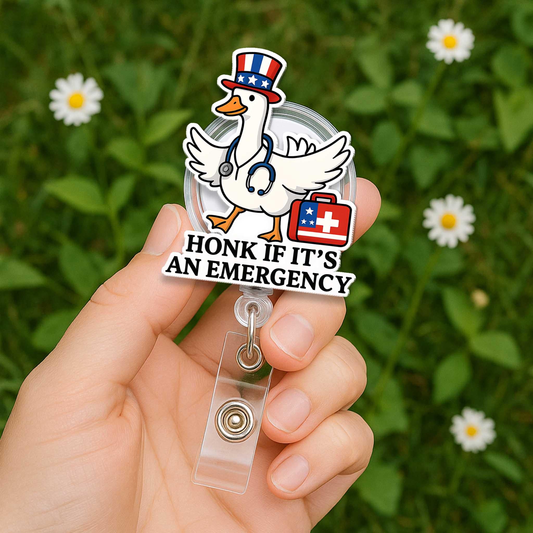 Patriotic Nurse Goose Badge Reel – Funny 4th of July Medical ID Holder, Emergency Honk Clip, Cute Retractable Name Tag for Healthcare Worker