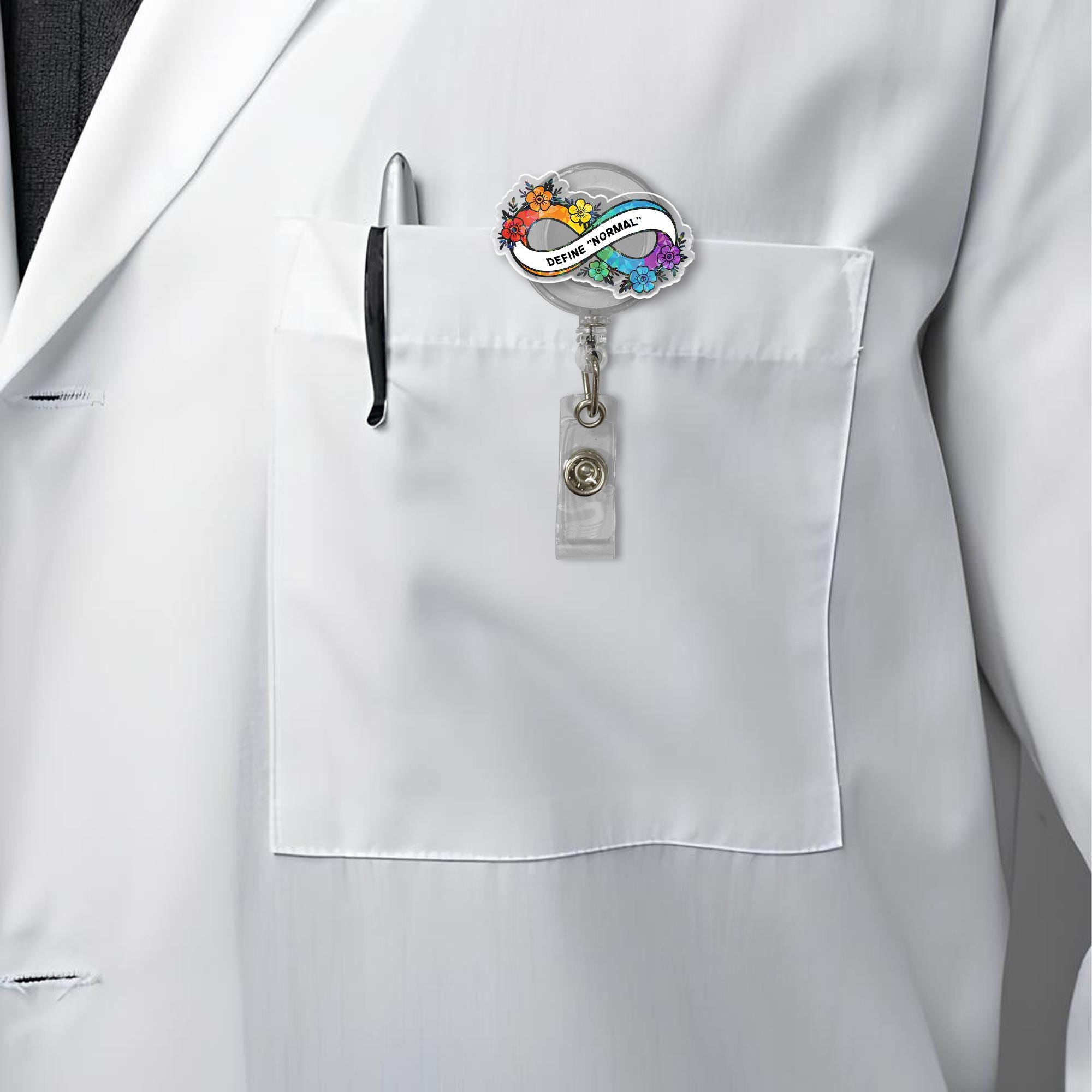 Define "Normal" Pride Badge Reel – Neurodiversity Infinity Symbol LGBTQ ID Clip – Queer Work Accessory – Rainbow Floral Badge Holder