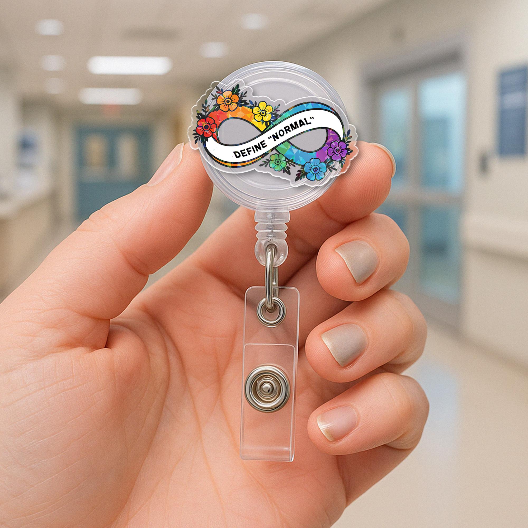 Define "Normal" Pride Badge Reel – Neurodiversity Infinity Symbol LGBTQ ID Clip – Queer Work Accessory – Rainbow Floral Badge Holder