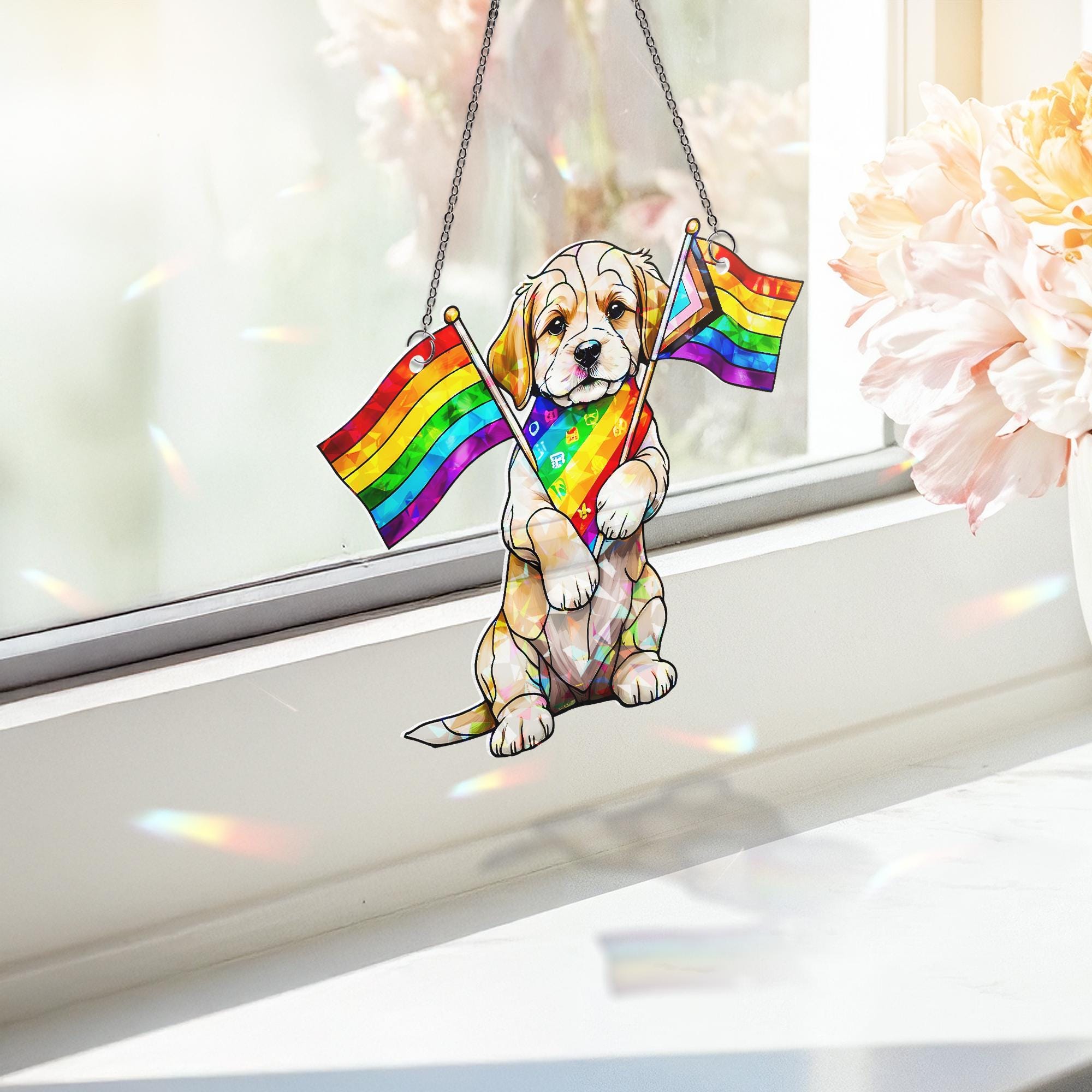 Rainbow Puppy Pride Acrylic Window Hanging – LGBTQ Acrylic Suncatcher – Cute Dog Pride Month Decor – Queer Love Window Ornament