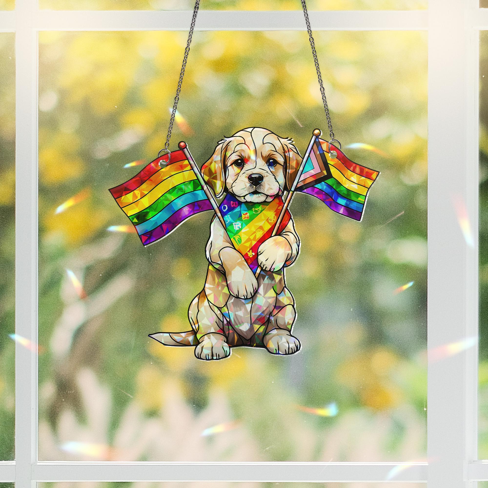 Rainbow Puppy Pride Acrylic Window Hanging – LGBTQ Acrylic Suncatcher – Cute Dog Pride Month Decor – Queer Love Window Ornament