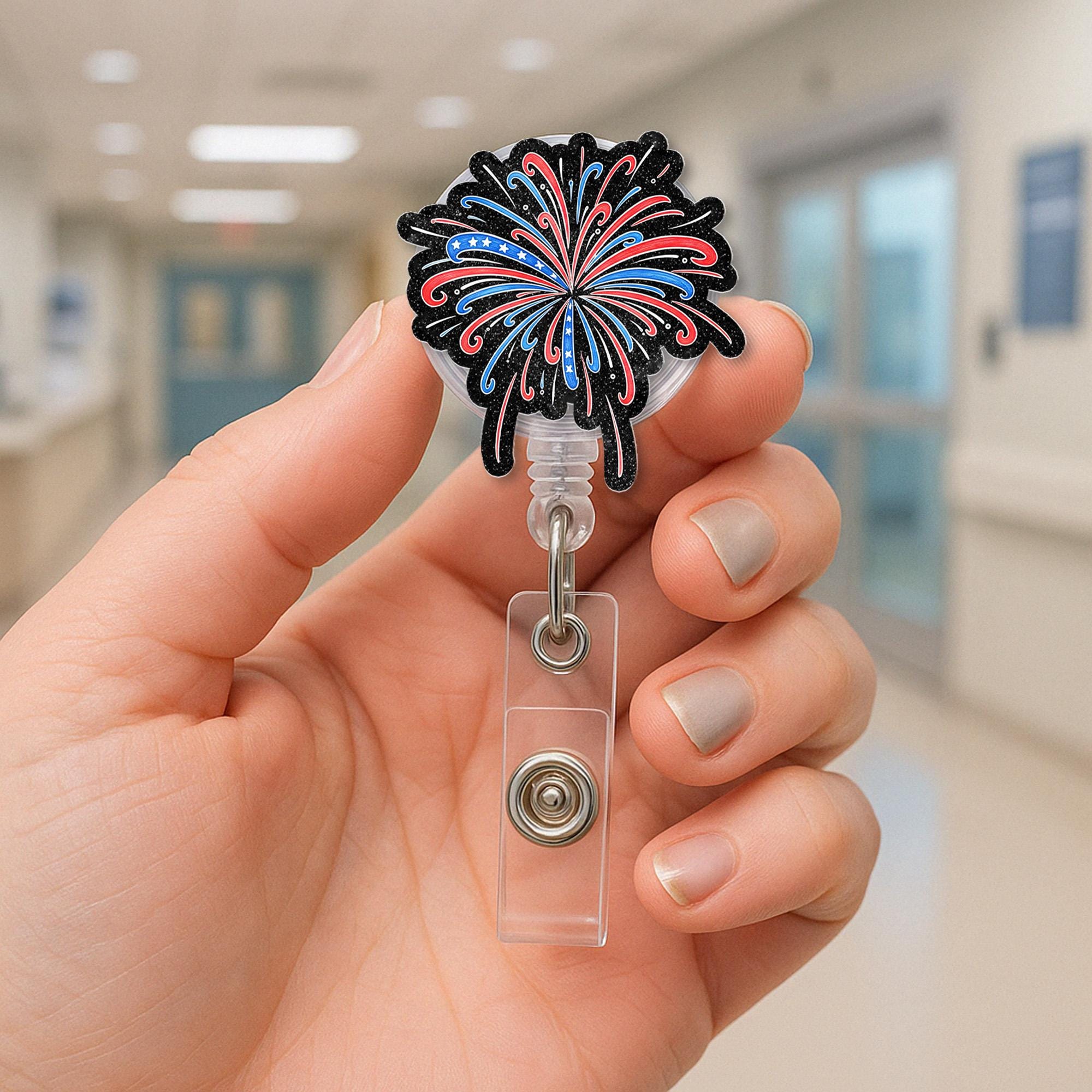 Fireworks Faux Glitter Badge Reel, 4th of July ID Holder, Patriotic Nurse Badge Clip, Red White Blue Glitter Reel, Independence Day Gift