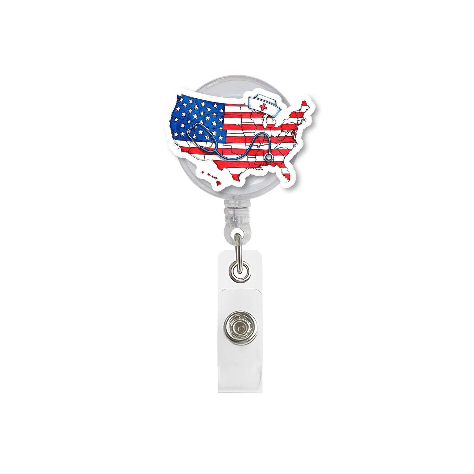 USA Nurse Badge Reel, Patriotic RN ID Holder, American Flag Nurse Clip, Medical Staff Gift, 4th of July Badge Accessory