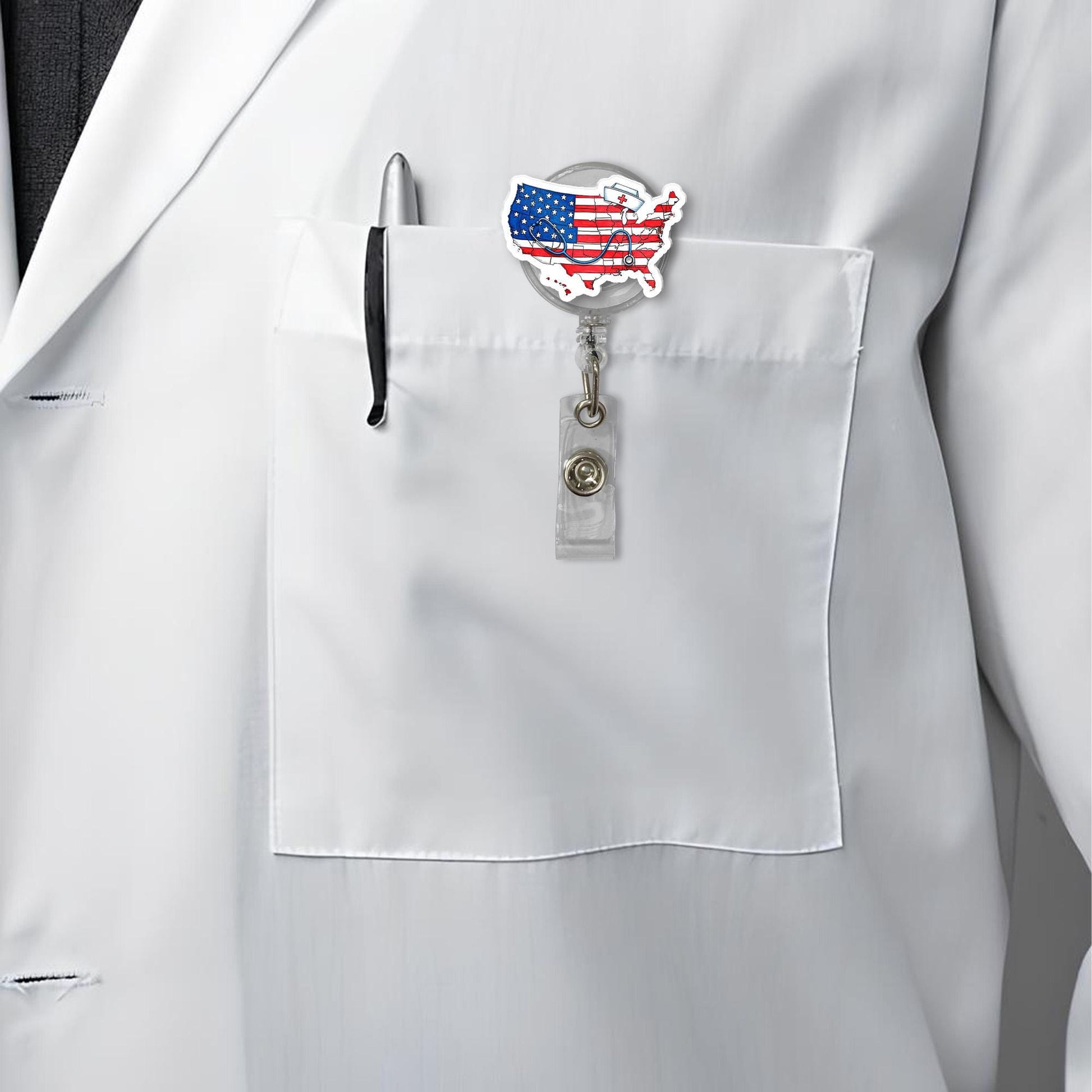 USA Nurse Badge Reel, Patriotic RN ID Holder, American Flag Nurse Clip, Medical Staff Gift, 4th of July Badge Accessory