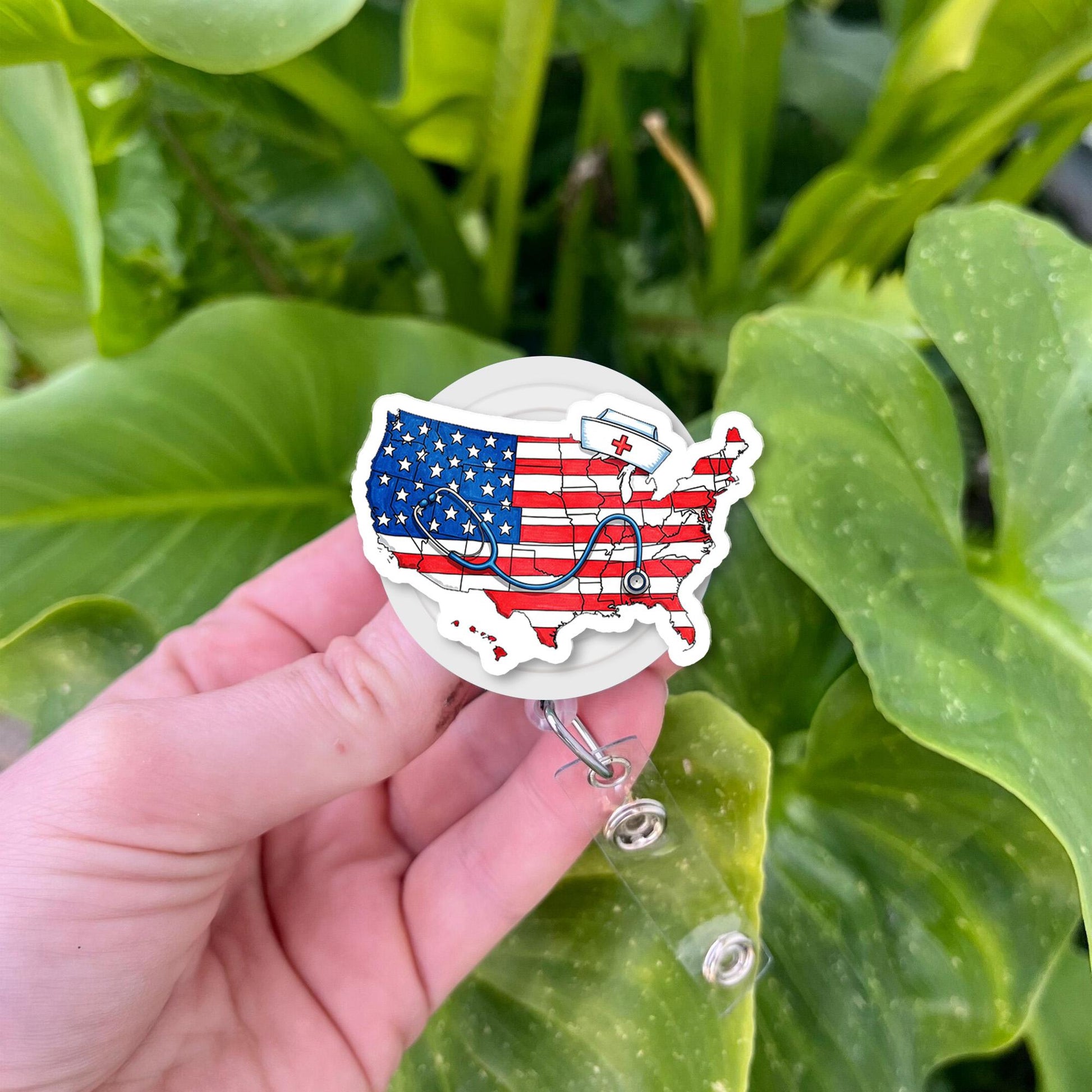 USA Nurse Badge Reel, Patriotic RN ID Holder, American Flag Nurse Clip, Medical Staff Gift, 4th of July Badge Accessory