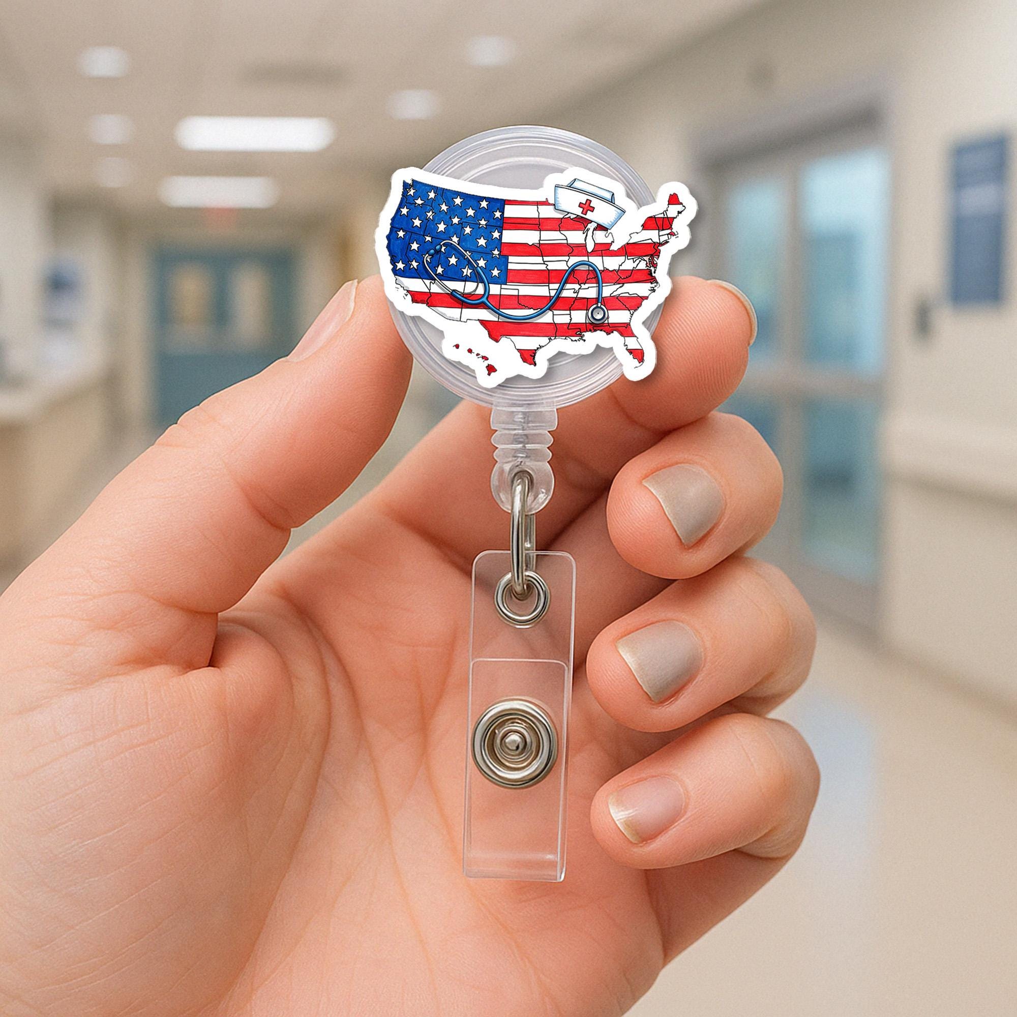 USA Nurse Badge Reel, Patriotic RN ID Holder, American Flag Nurse Clip, Medical Staff Gift, 4th of July Badge Accessory