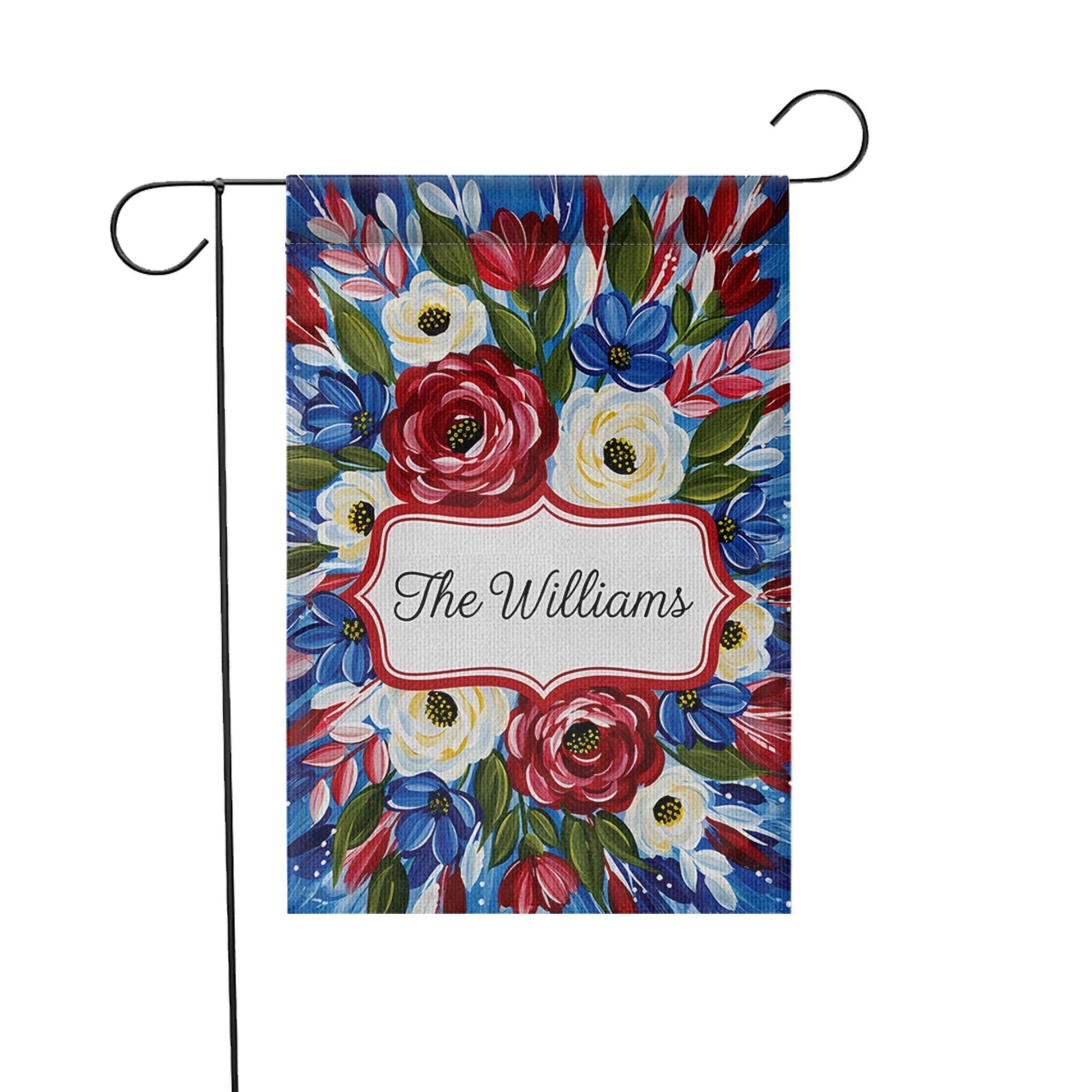 Patriotic Garden Flag, Custom Family Name Yard Decor, Red White Blue Floral Outdoor Sign, Summer Porch Flag, Personalized Gift
