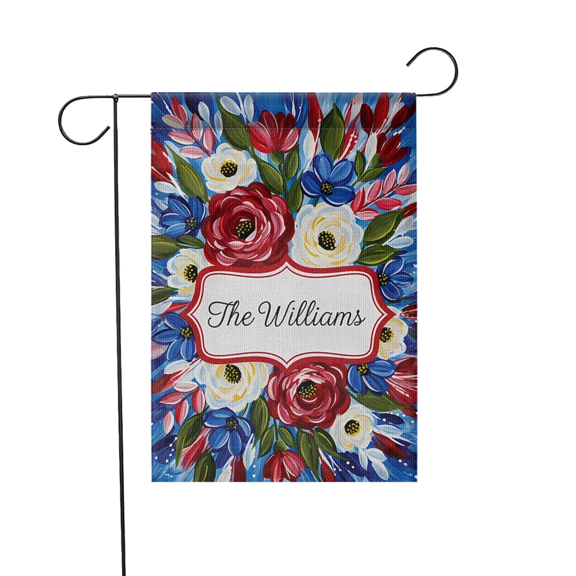 Patriotic Garden Flag, Custom Family Name Yard Decor, Red White Blue Floral Outdoor Sign, Summer Porch Flag, Personalized Gift