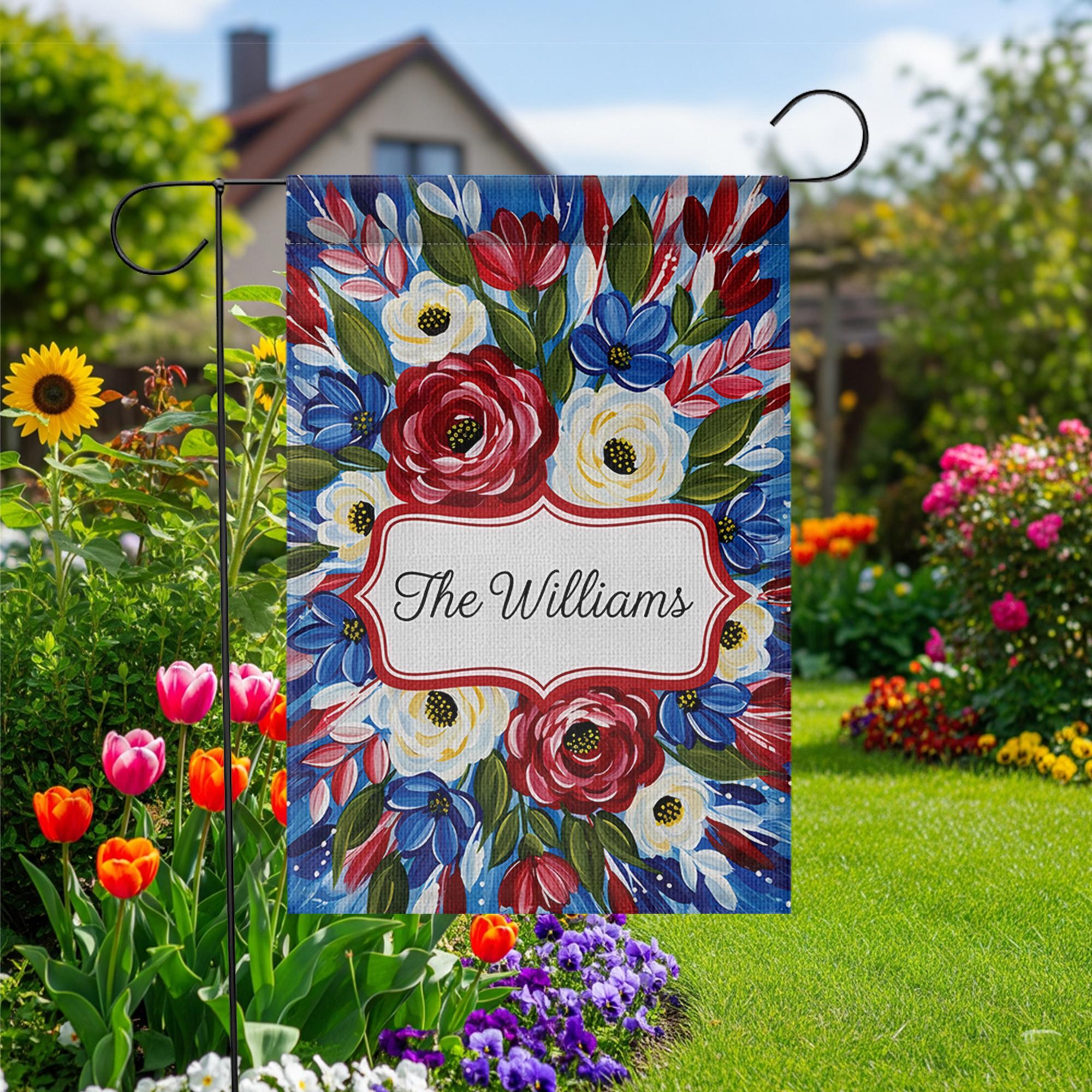 Patriotic Garden Flag, Custom Family Name Yard Decor, Red White Blue Floral Outdoor Sign, Summer Porch Flag, Personalized Gift