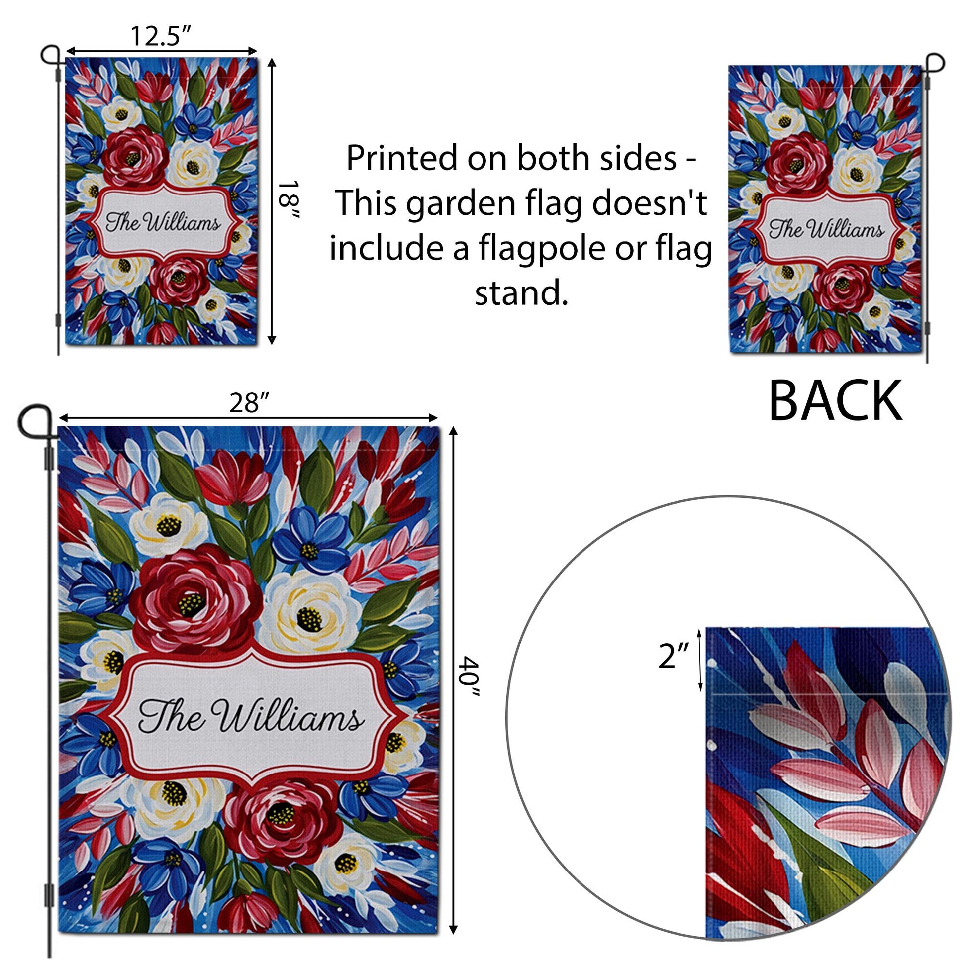Patriotic Garden Flag, Custom Family Name Yard Decor, Red White Blue Floral Outdoor Sign, Summer Porch Flag, Personalized Gift
