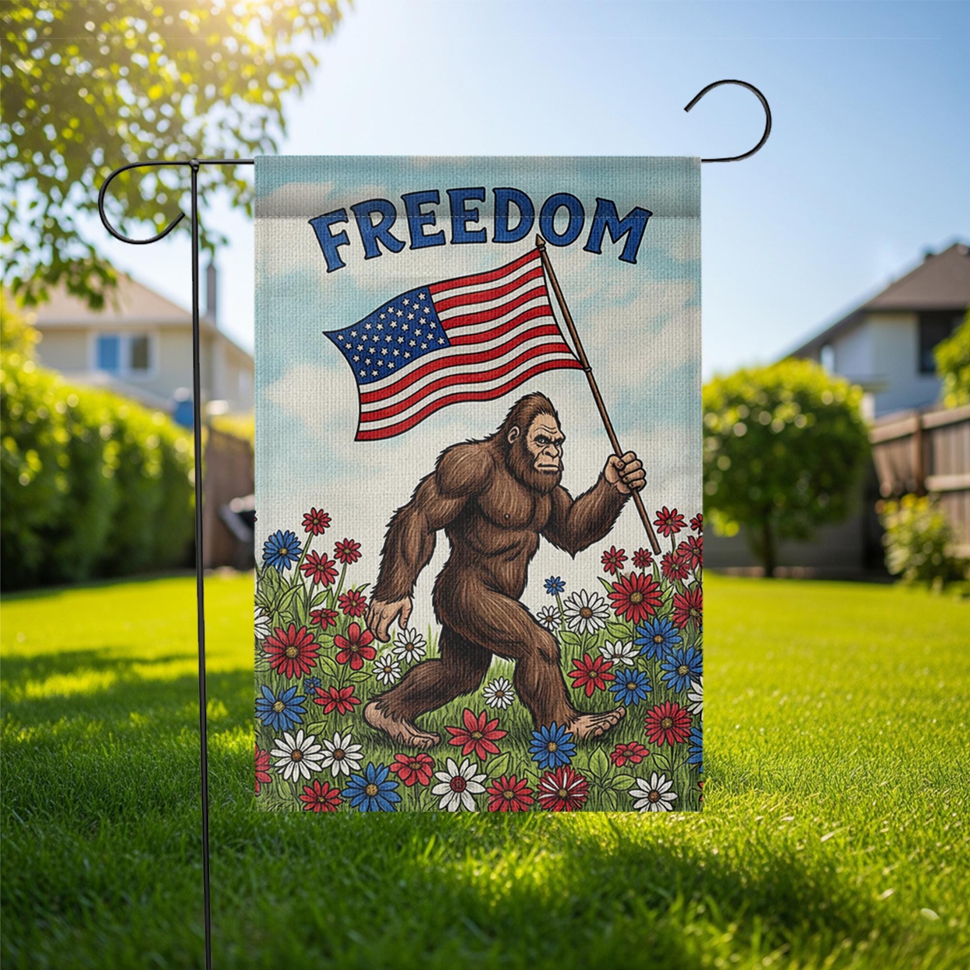 Funny Bigfoot Garden Flag, Patriotic Yard Decor with USA Flag, Freedom Outdoor Sign, 4th of July Bigfoot Flag, Summer Lawn Decor