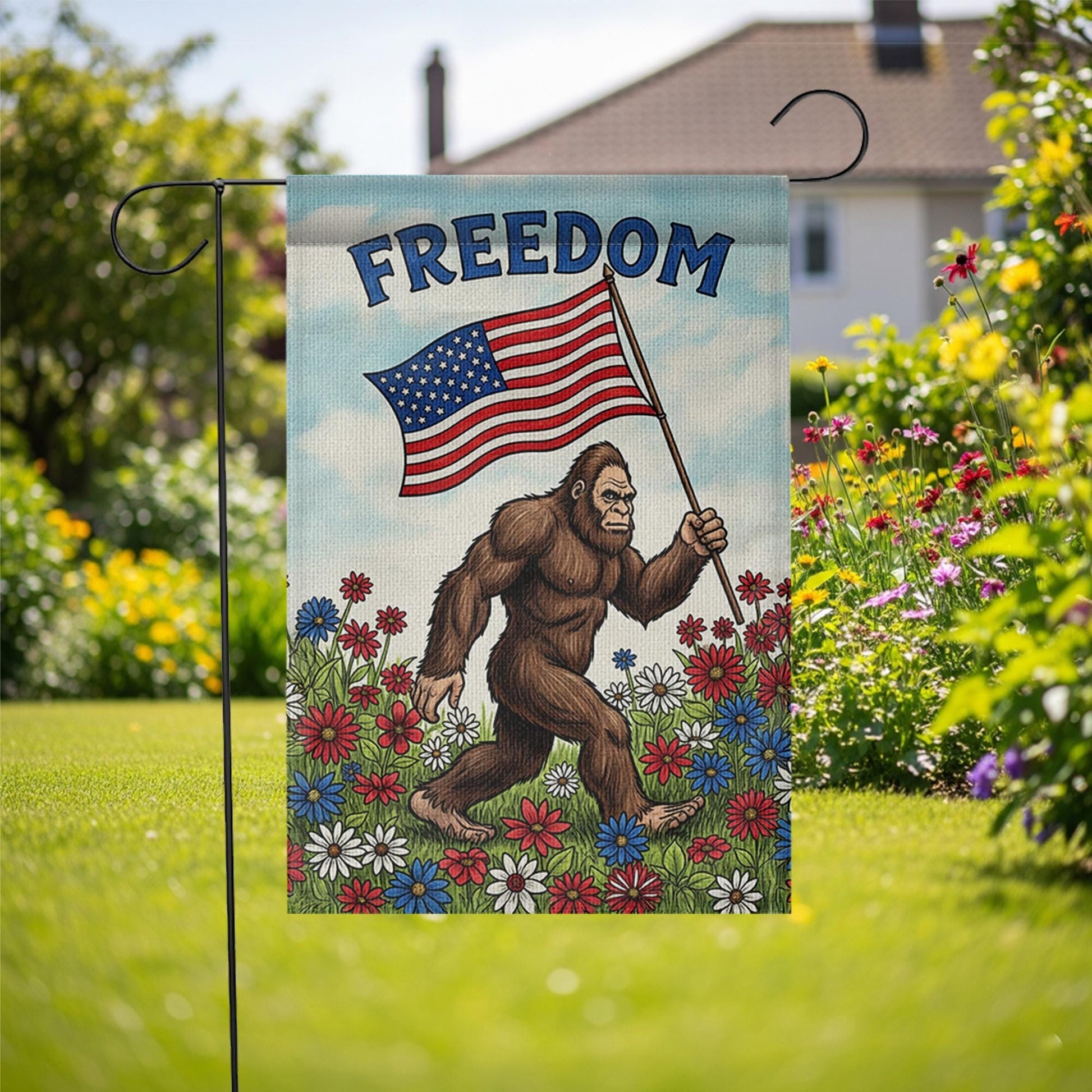 Funny Bigfoot Garden Flag, Patriotic Yard Decor with USA Flag, Freedom Outdoor Sign, 4th of July Bigfoot Flag, Summer Lawn Decor