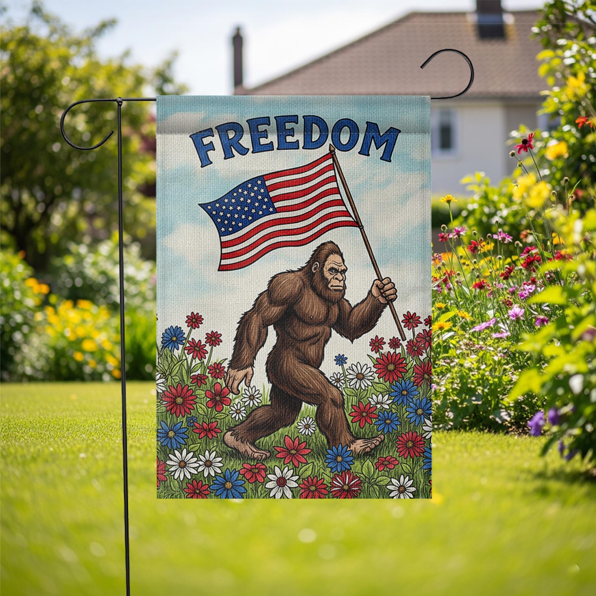 Funny Bigfoot Garden Flag, Patriotic Yard Decor with USA Flag, Freedom Outdoor Sign, 4th of July Bigfoot Flag, Summer Lawn Decor