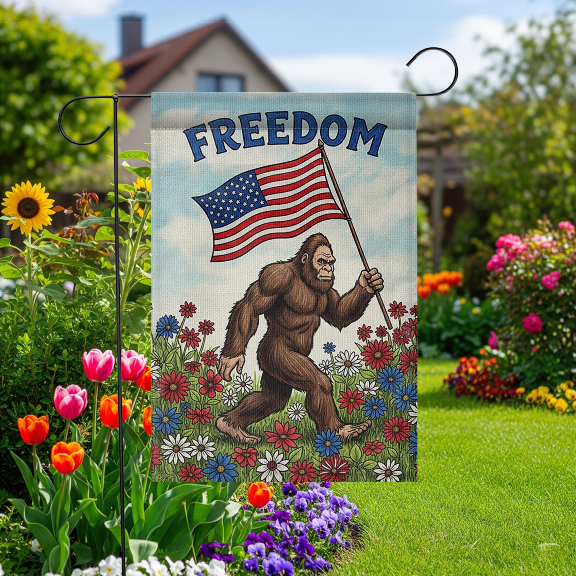 Funny Bigfoot Garden Flag, Patriotic Yard Decor with USA Flag, Freedom Outdoor Sign, 4th of July Bigfoot Flag, Summer Lawn Decor