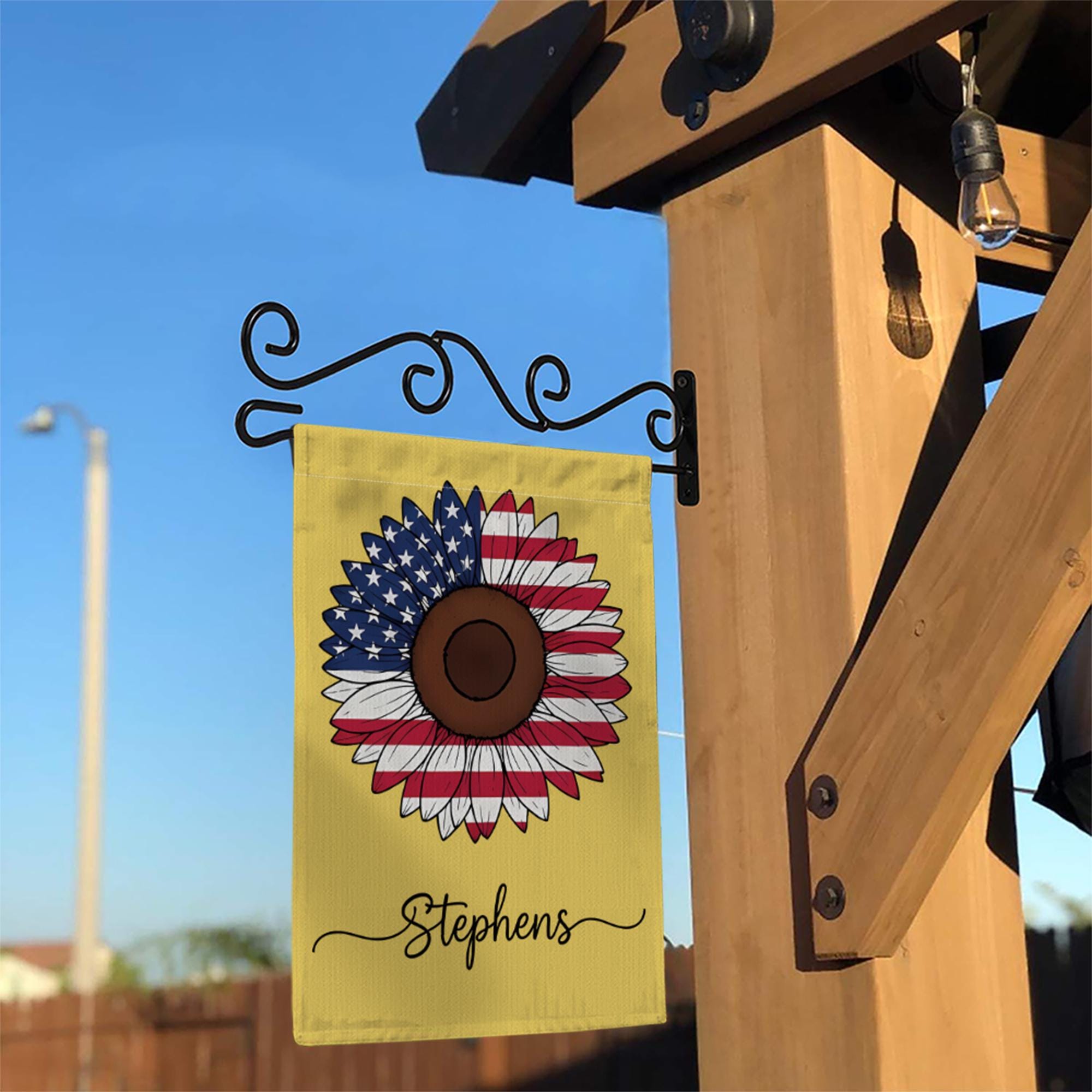 Personalized Patriotic Sunflower Garden Flag, Custom USA Name Yard Decor, 4th of July Outdoor Flag, American Floral Banner
