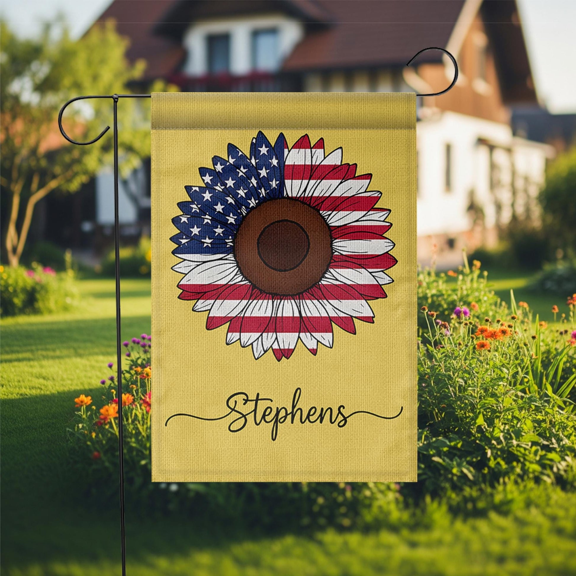 Personalized Patriotic Sunflower Garden Flag, Custom USA Name Yard Decor, 4th of July Outdoor Flag, American Floral Banner